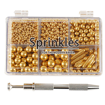 Kasvan Gold Mix Sugar Sprinkles - Edible Candy Pearls with 4-Claw Sprinkle Pen,118g/4.16 Oz, Gift Box Pack, Baking Cake Decorati
