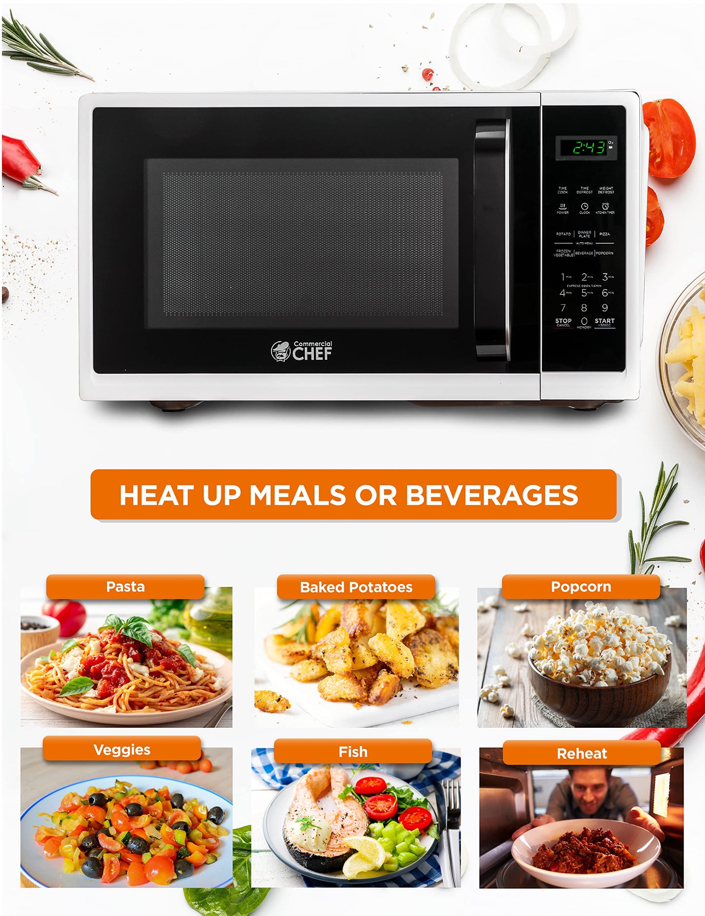 Commercial Chef Small Microwave 09 Cu Ft Countertop Microwave With Digital Display, White Microwave  10 Power Levels, Outstandin