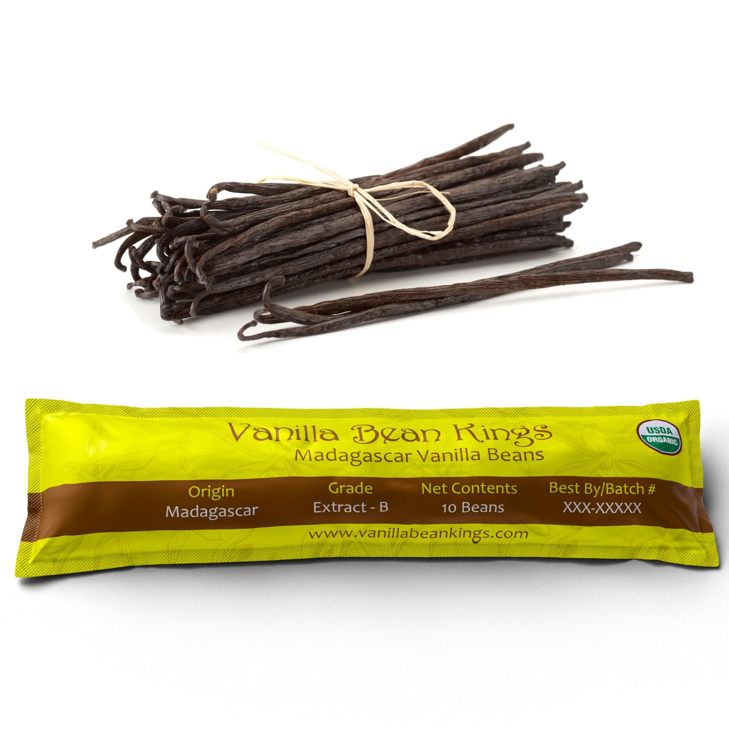 Vanilla Bean Kings Organic Madagascar Vanilla Beans - Grade B Pods for Baking, Cooking, and Brewing - 10 Count - Black/Dark Brown