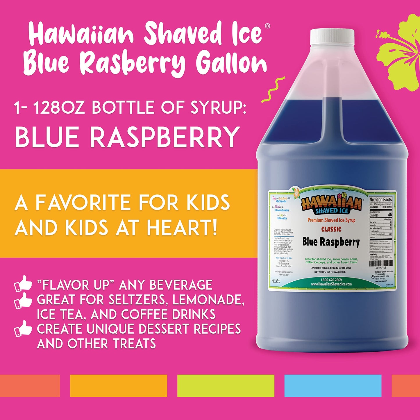 Hawaiian Shaved Ice Blue Raspberry Syrup - Nut Soy Dairy Free - Flavor Fluffy & Crunchy Snow Cone Ice - Shelf Stable - Makes 64