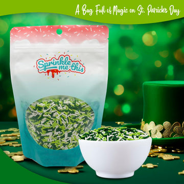 Lucky Jimmy Blend | 8 Oz Stand Up Sprinkle Bag | St. Patrick'S Day Themed Sprinkle Blend | Classic Jimmies In Green, Lime, And White Colors | Toppings For Cakes, Pastries, And Desserts