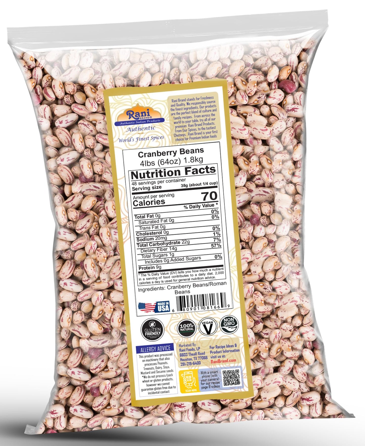 Rani Cranberry Beans (Roman Beans) 64Oz (4Lbs) 1.81Kg Bulk ~ All Natural | Vegan | Gluten Friendly | Non-Gmo | Kosher | Product