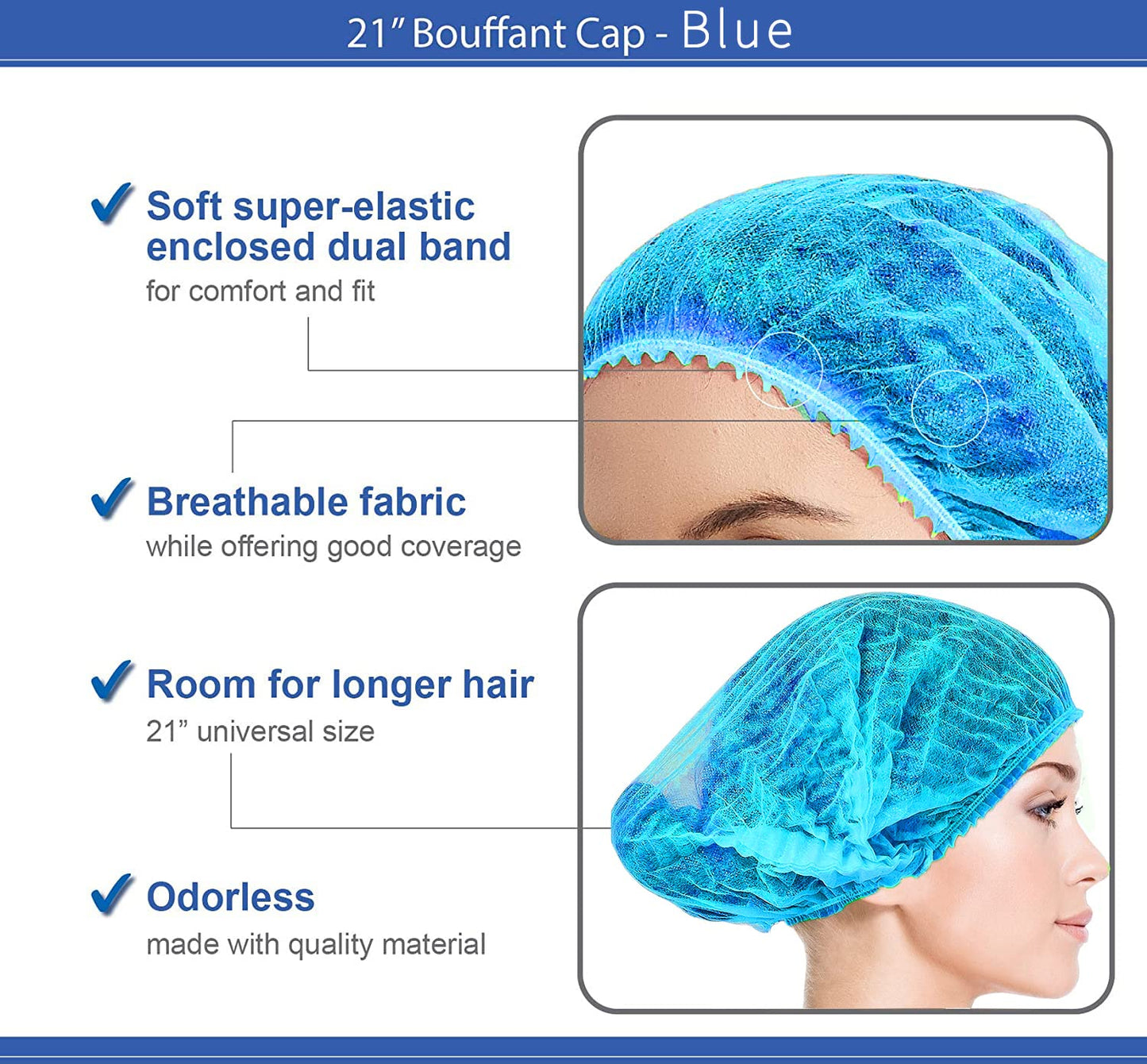 Disposable Bouffant Caps 100 Pcs,21Inches Hair Net, Elastic Dust Cap For Food Service, Kitchen Head Cover (Blue)
