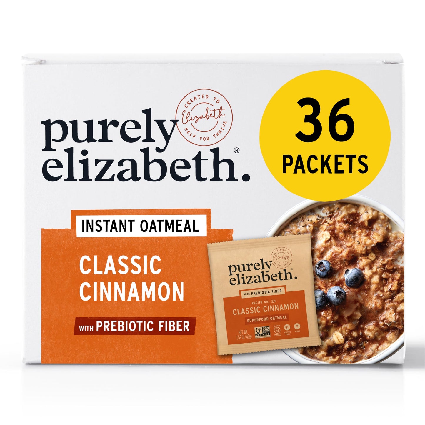 Purely Elizabeth Classic Cinnamon Superfood Oatmeal, with Prebiotic Fiber, Gluten Free & Non-GMO, 9.12 Oz (Pack of 6) (6 Pack, C