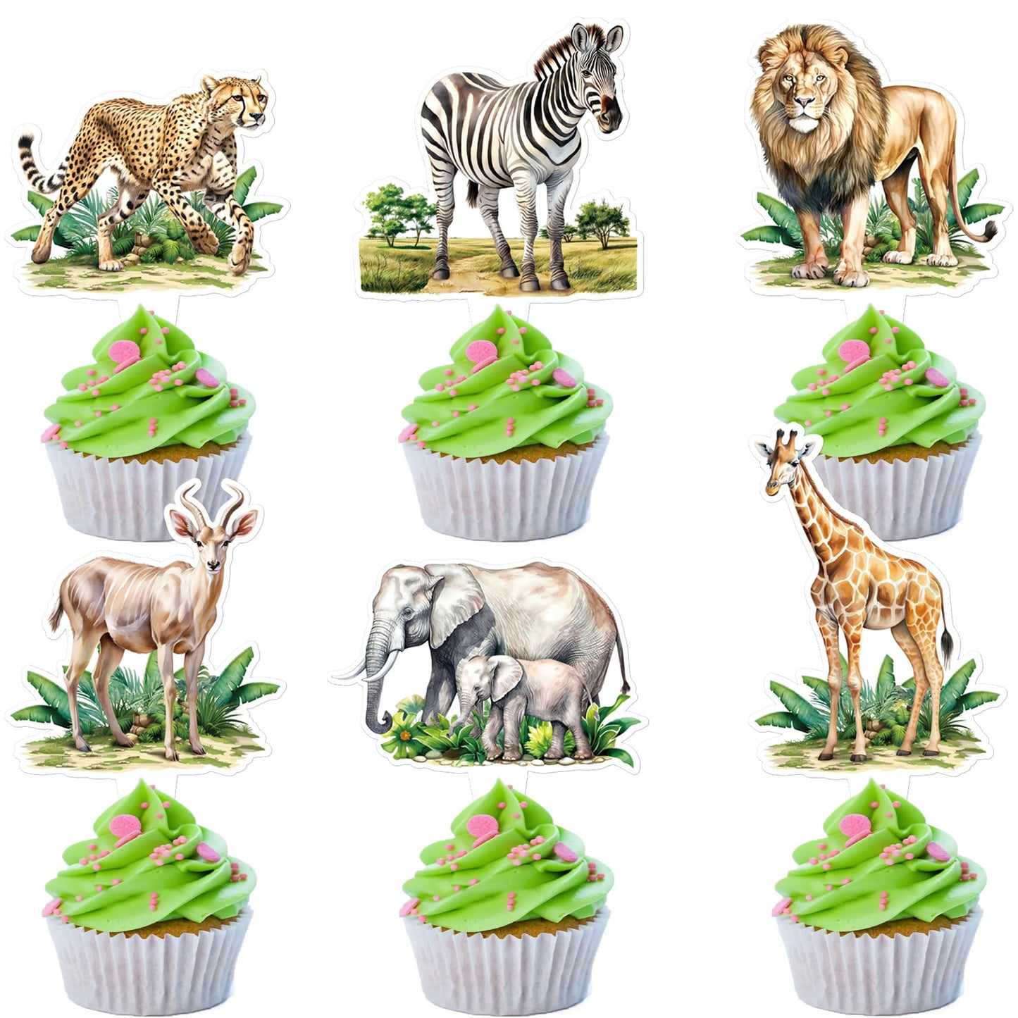 Cyodoos 24pcs Jungle Safari Animal Cupcake Toppers,Selected Jungle Themed Children's Party Birthday And Baby Shower Cake Decorat