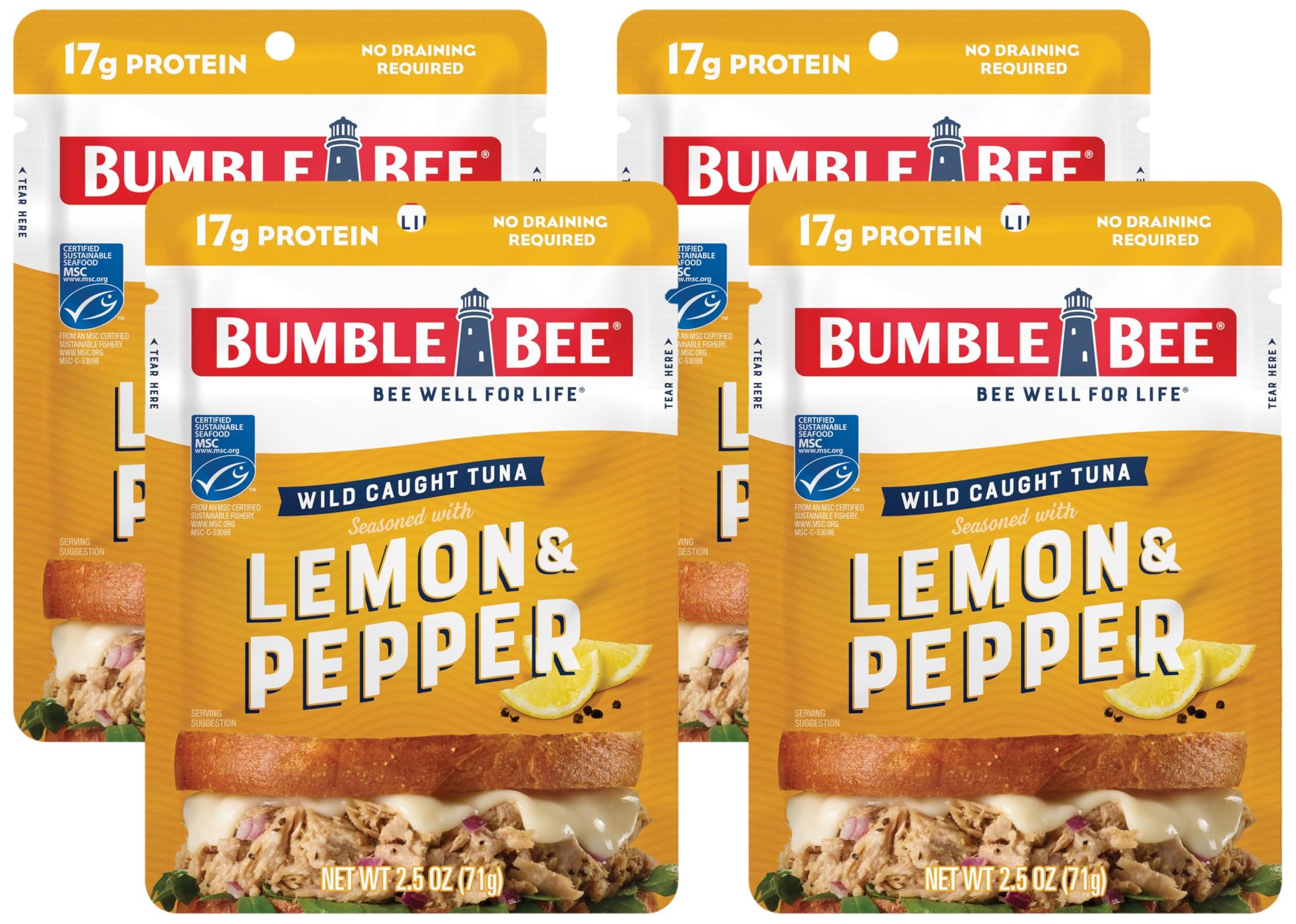 Bumble Bee Lemon & Pepper Seasoned Tuna, 2.5 Ounce Pouch (Pack of 4)