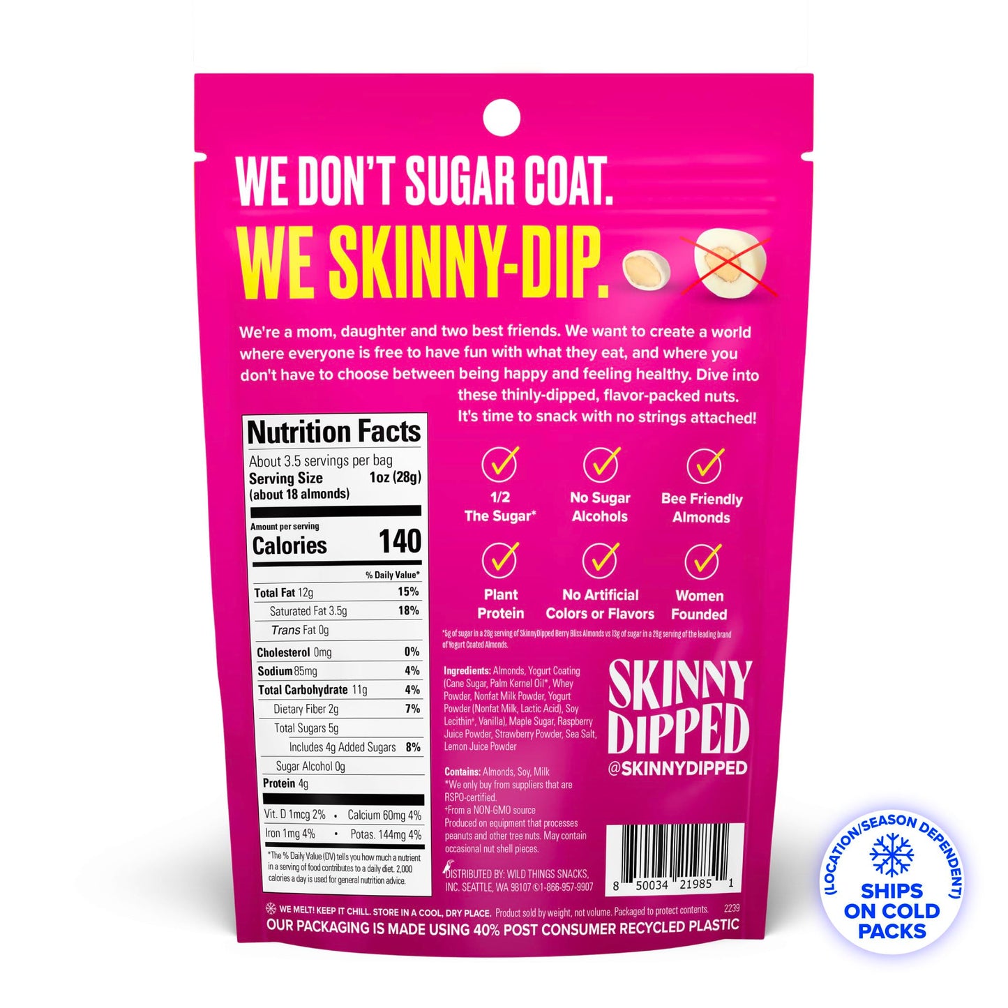 Skinnydipped Berry Bliss Yogurt Covered Almonds, Healthy Snack, Plant Protein, Gluten Free, 3.5Oz Resealable Bag, Pack Of 5