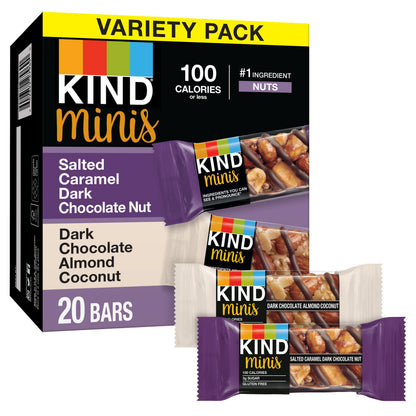 KIND Bar Minis, Salted Caramel Dark Chocolate Nut & Dark Chocolate Almond Coconut, Variety Pack, Gluten Free, 100 Calories, Low 