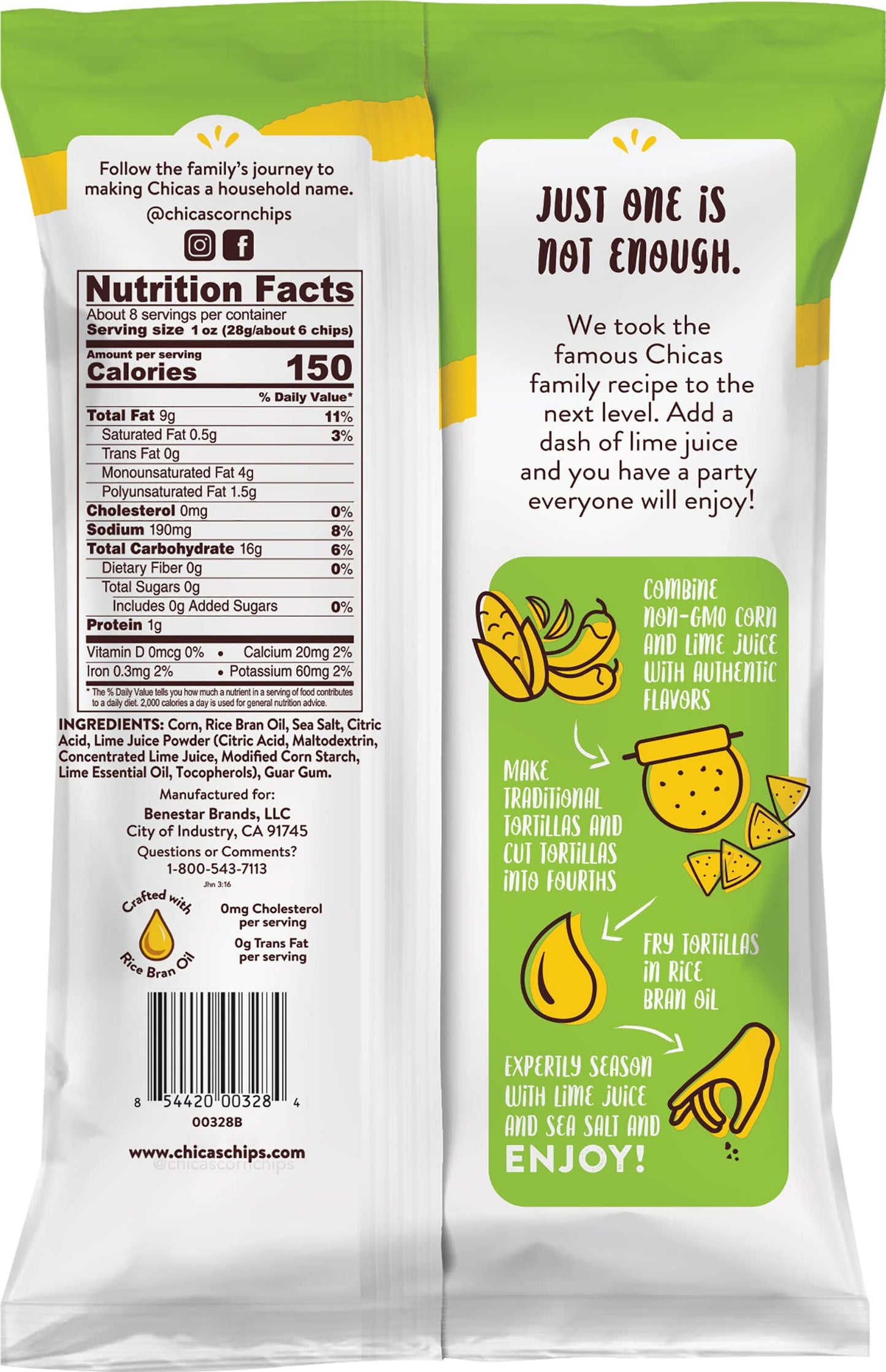 Chicas Tortilla Chips, White Corn Tortilla Chips Lime, Gluten Free, Vegan, Non-Gmo, For Dips, Spreads & More, 7.5 Ounce Bag (Pac