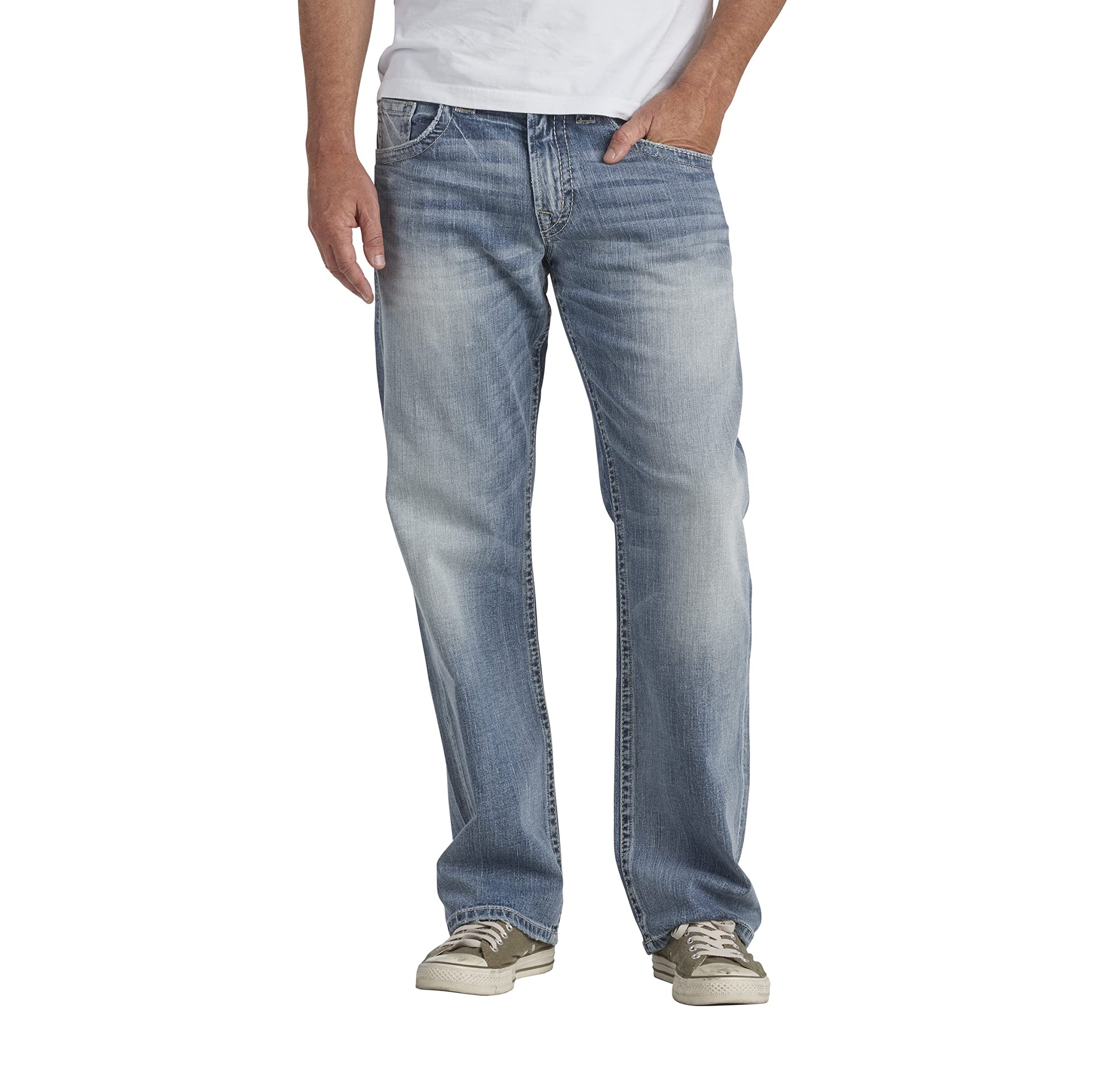 Silver Jeans Co Mens Gordie Loose Fit Straight Leg Jeans, Light Wash Indigo, 28W X 34L