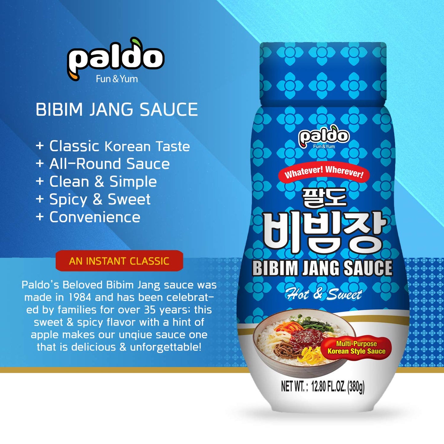 Paldo Fun & Yum Bibim Jang Sauce For Noodles Ramen Bibimbap Rice Meat & More Food, Sweet & Spicy Seasoning Sauce, Best Oriental