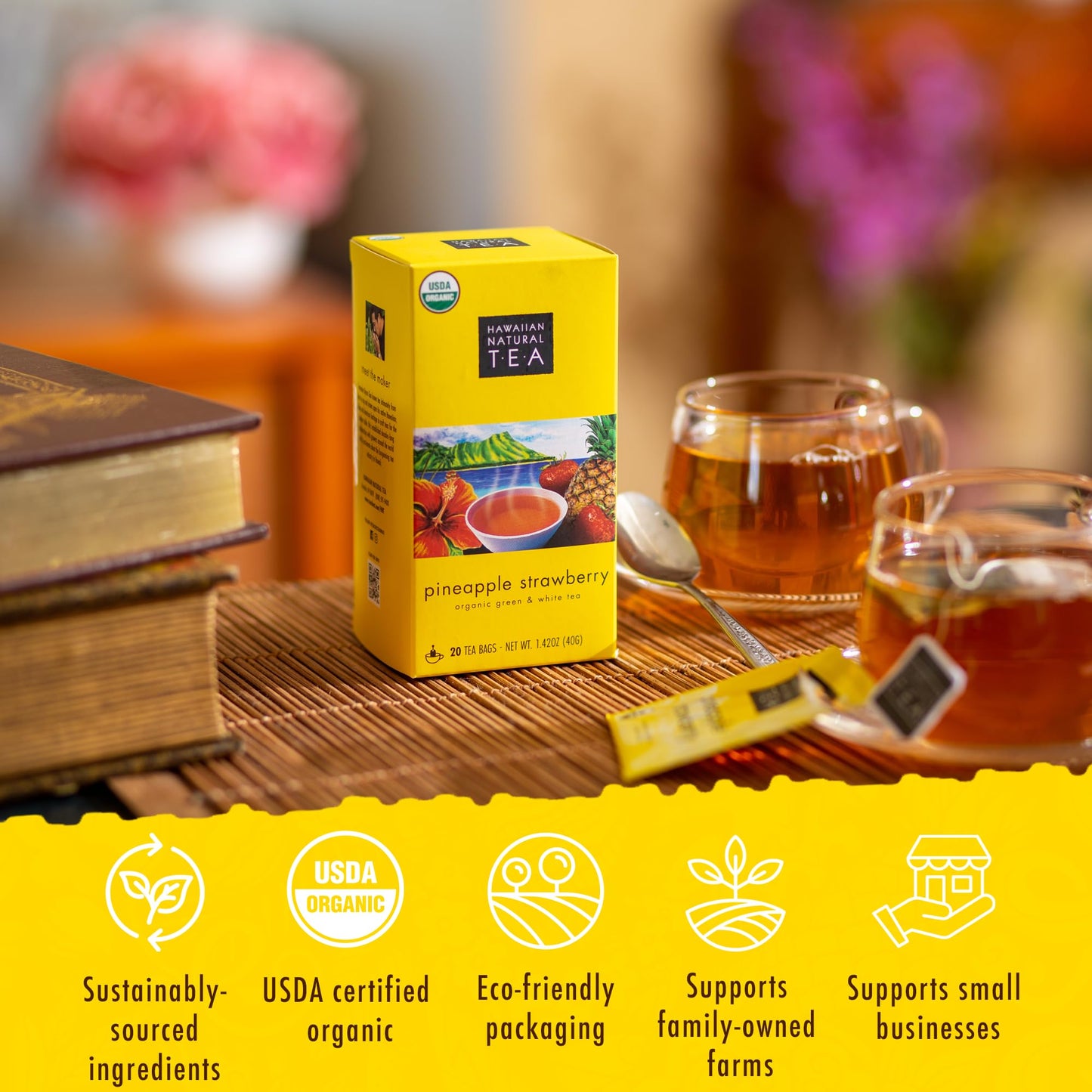 Hawaiian Natural Pineapple Strawberry Flavored Organic Tea - Tropical Fruit Green And White Tea, Perfect Daily Cup & Gift - 20 B