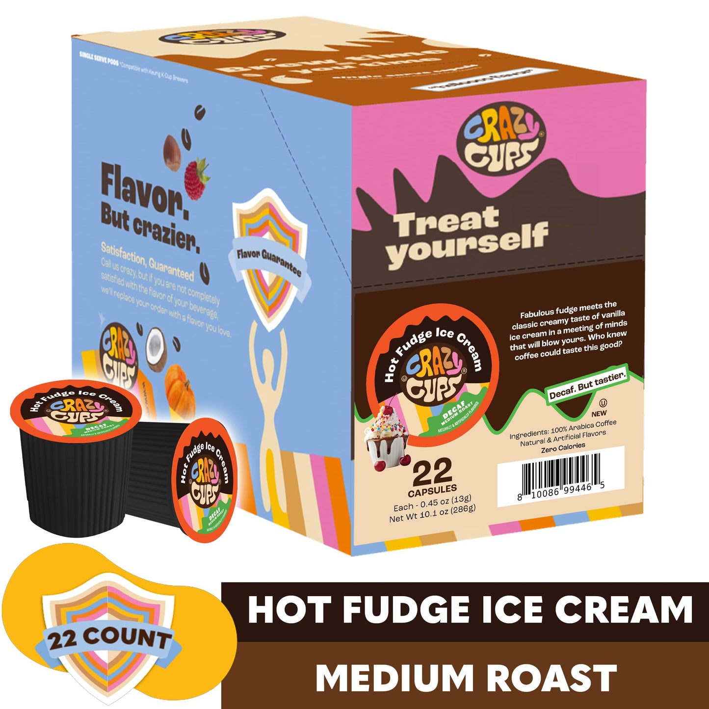 Crazy Cups Decaf Flavored Coffee Pods, Hot Fudge Sundae, Medium Roast, 22 Count for Keurig K-Cup Machines