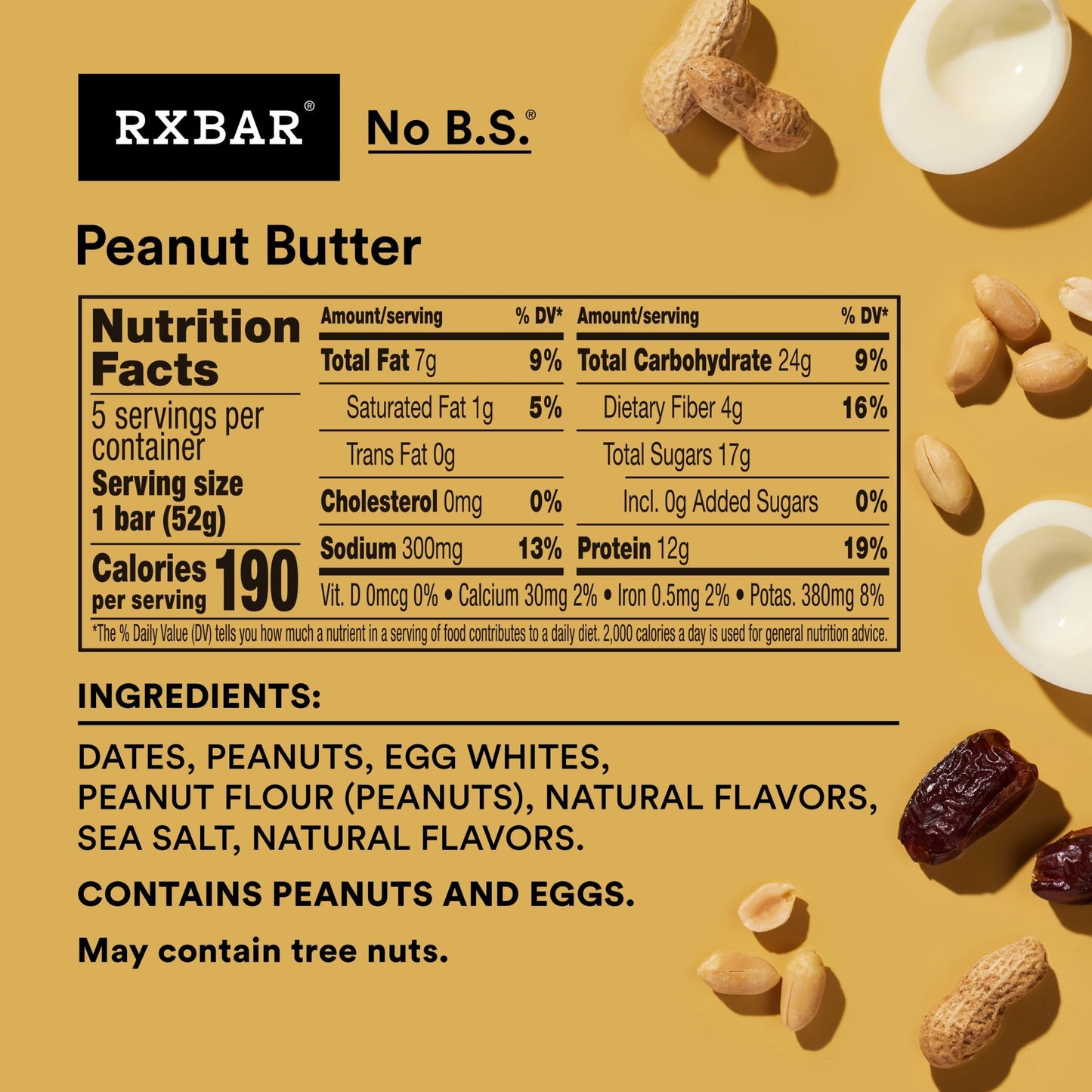 Rxbar Protein Bars 12G Protein Gluten Free Snacks Peanut Butter 9.15Oz Box (5 Bars)
