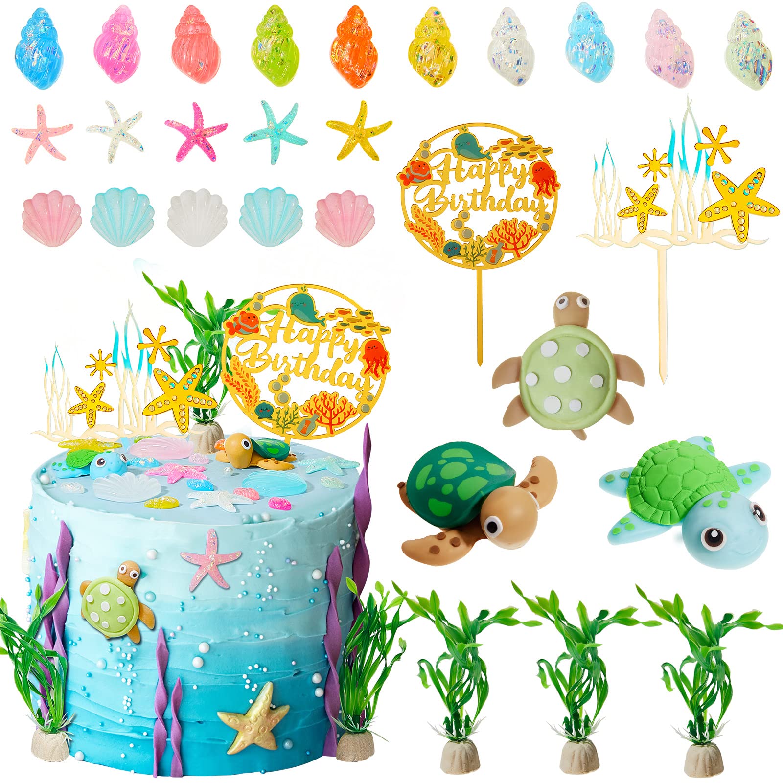 Taiyin 28 Pieces Turtle Cake Decoration Seashell Cake Topper Sea Turtle Cake Topper Ocean Animals Turtle Conch Seashells Decorat