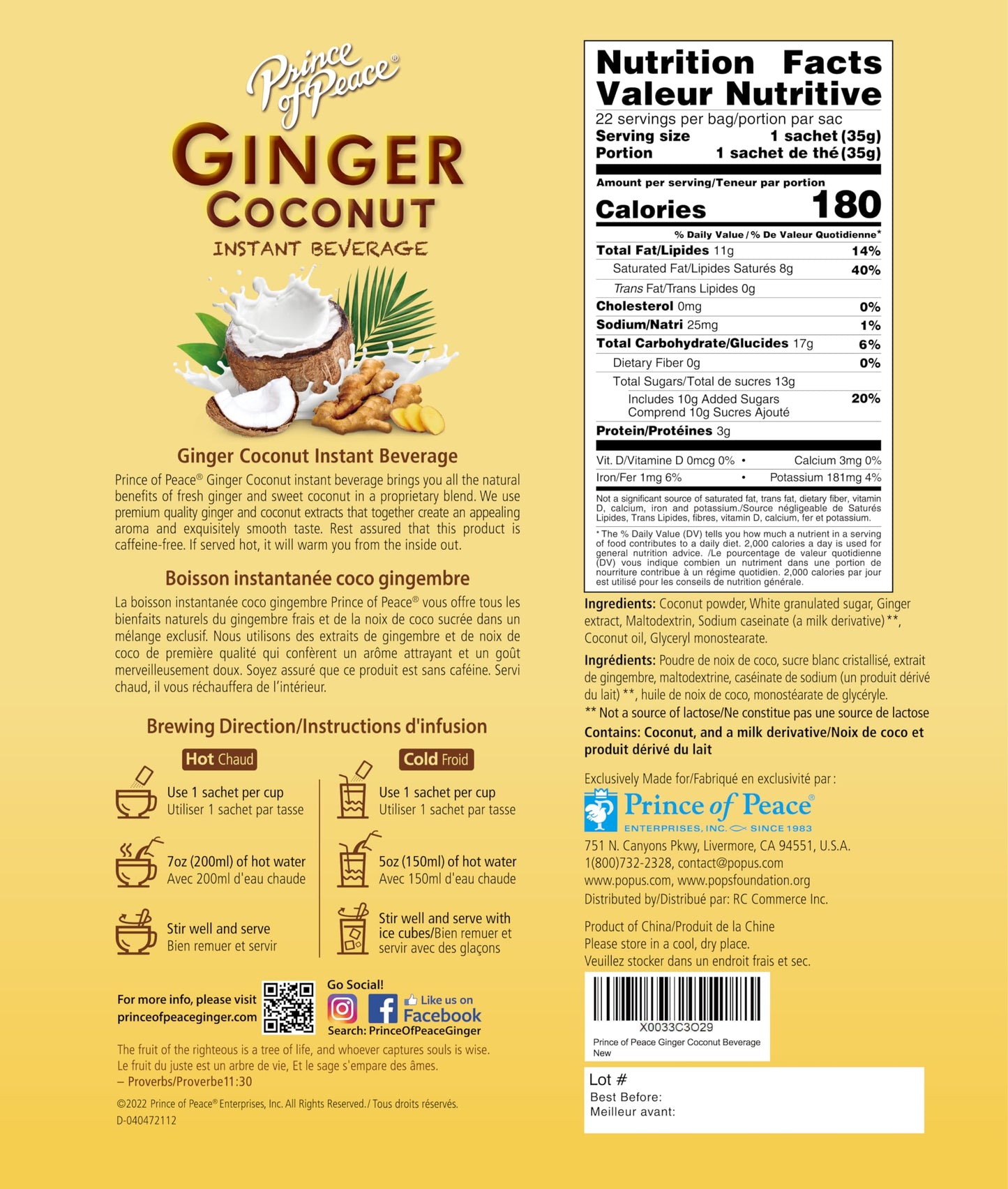 Prince Of Peace Ginger Coconut Instant Beverage, Caffeine and Gluten Free, 22 Sachets, Easy to Brew, Hot or Cold