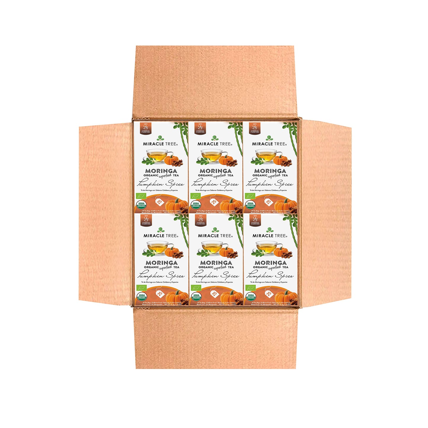   Tree - 6 Count Of Organic Moringa Superfood Tea, 25 Individually Sealed Tea Bags, Pumpkin Spice (Keto, Detox, Energy/Immunity Booster, Vegan, Gluten-Free, Organic, Non-Gmo, Caffeine-Free)
