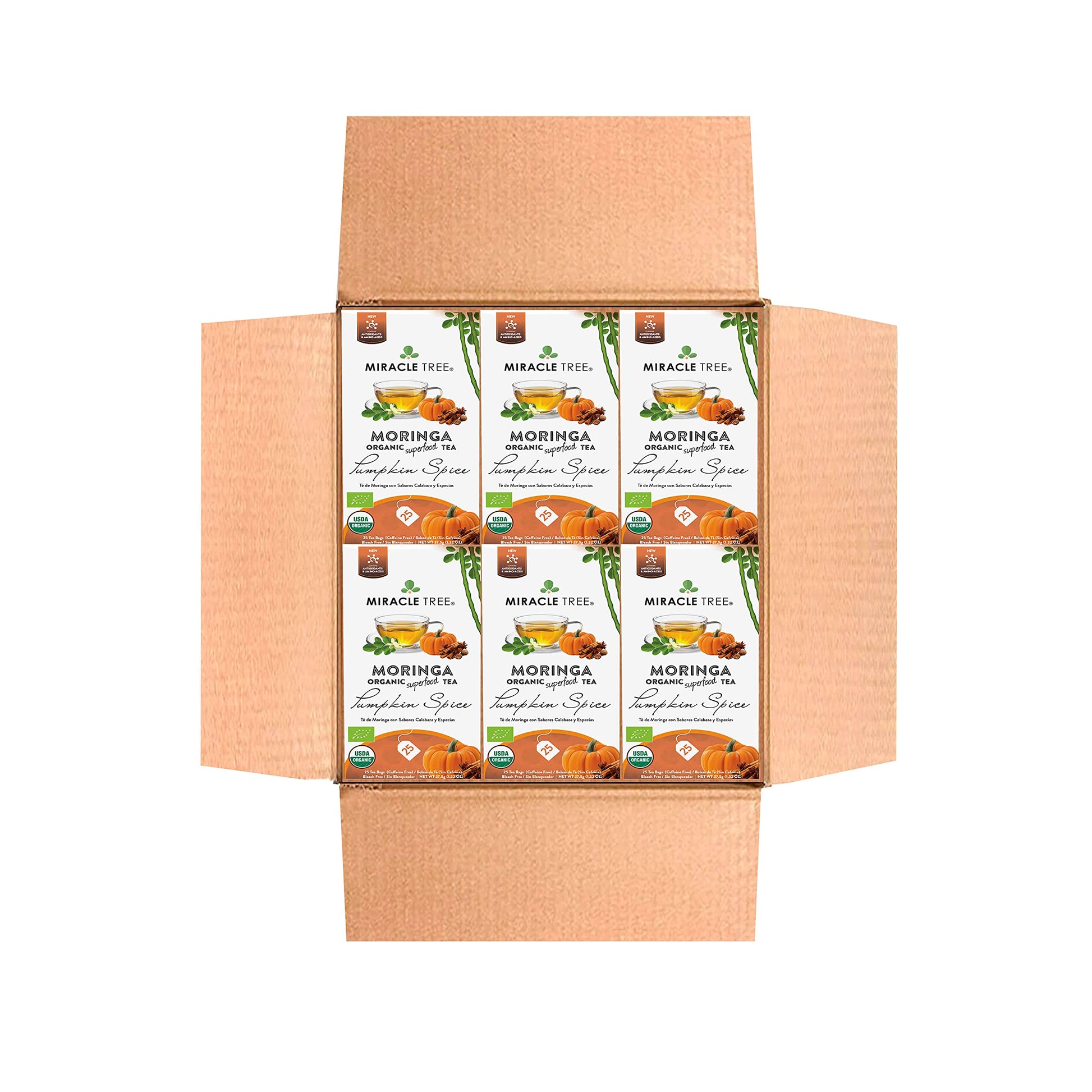   Tree - 6 Count Of Organic Moringa Superfood Tea, 25 Individually Sealed Tea Bags, Pumpkin Spice (Keto, Detox, Energy/Immunity Booster, Vegan, Gluten-Free, Organic, Non-Gmo, Caffeine-Free)