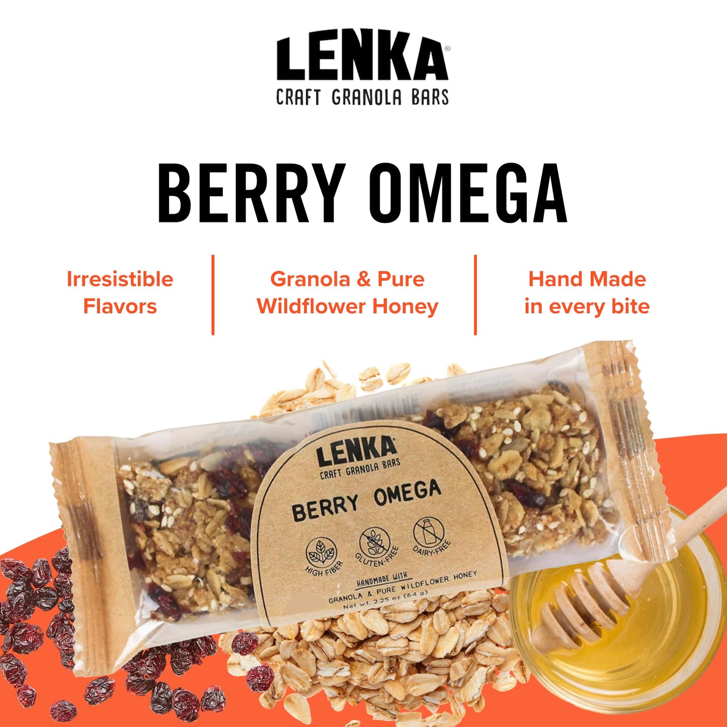 Lenka Handmade Craft Granola Bars - Berry Omega Gluten Free High Fiber - Nutritious Snack Bar With Organic Granola - 12 Pack