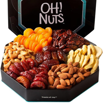 Oh! Nuts Dried Fruit and Nuts Gift Basket - 7 Variety Gift Tin Box - Healthy Snack for Birthday, Anniversary, Corporate - Hexagon Design