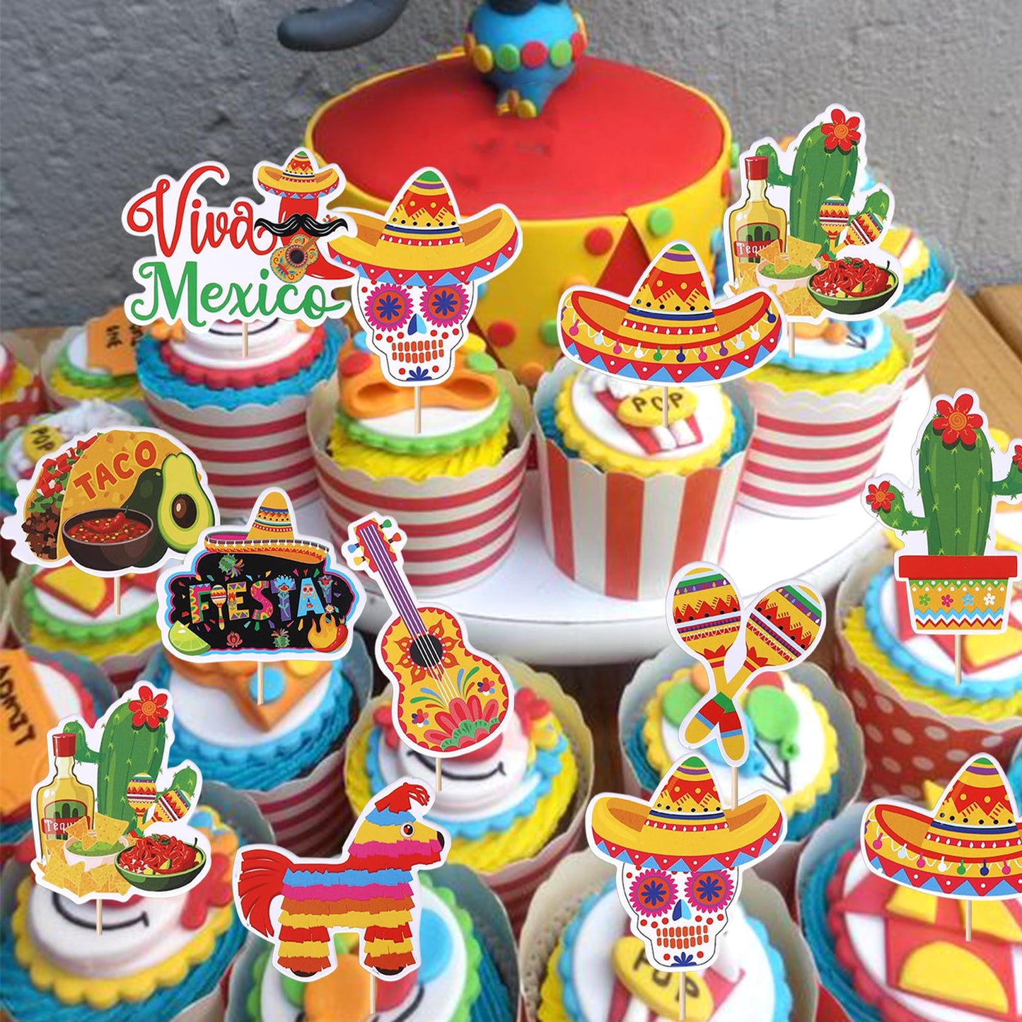 YCTHUNFISH 40 Pack Cupcake Toppers - Cactus, Donkey, Maraca, Sombrero, Pepper, Guitar - Paper - Mexican Fiesta Theme Party Decor