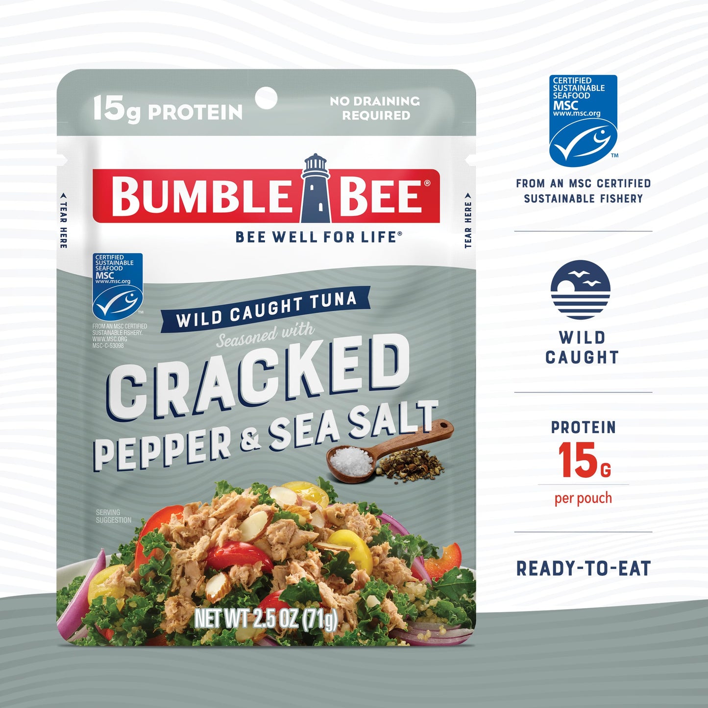 Bumble Bee Cracked Pepper & Sea Salt Seasoned Tuna, 2.5 Oz Pouches (Pack Of 12) - Ready To Eat - Wild Caught Tuna Pouch - 15G Protein Per Serving - Gluten Free