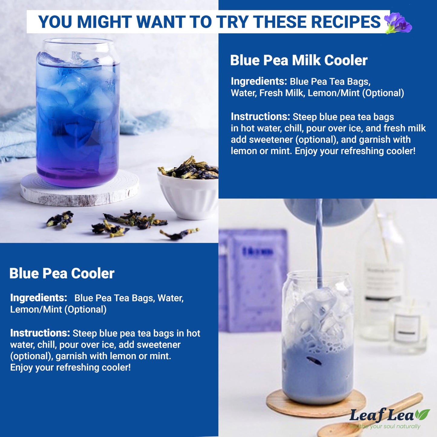 LeafLea Butterfly Pea Flower Tea Bags, Herbal, Caffeine-Free, Sugar-Free, Non-GMO, 80 Bags (Pack of 2)