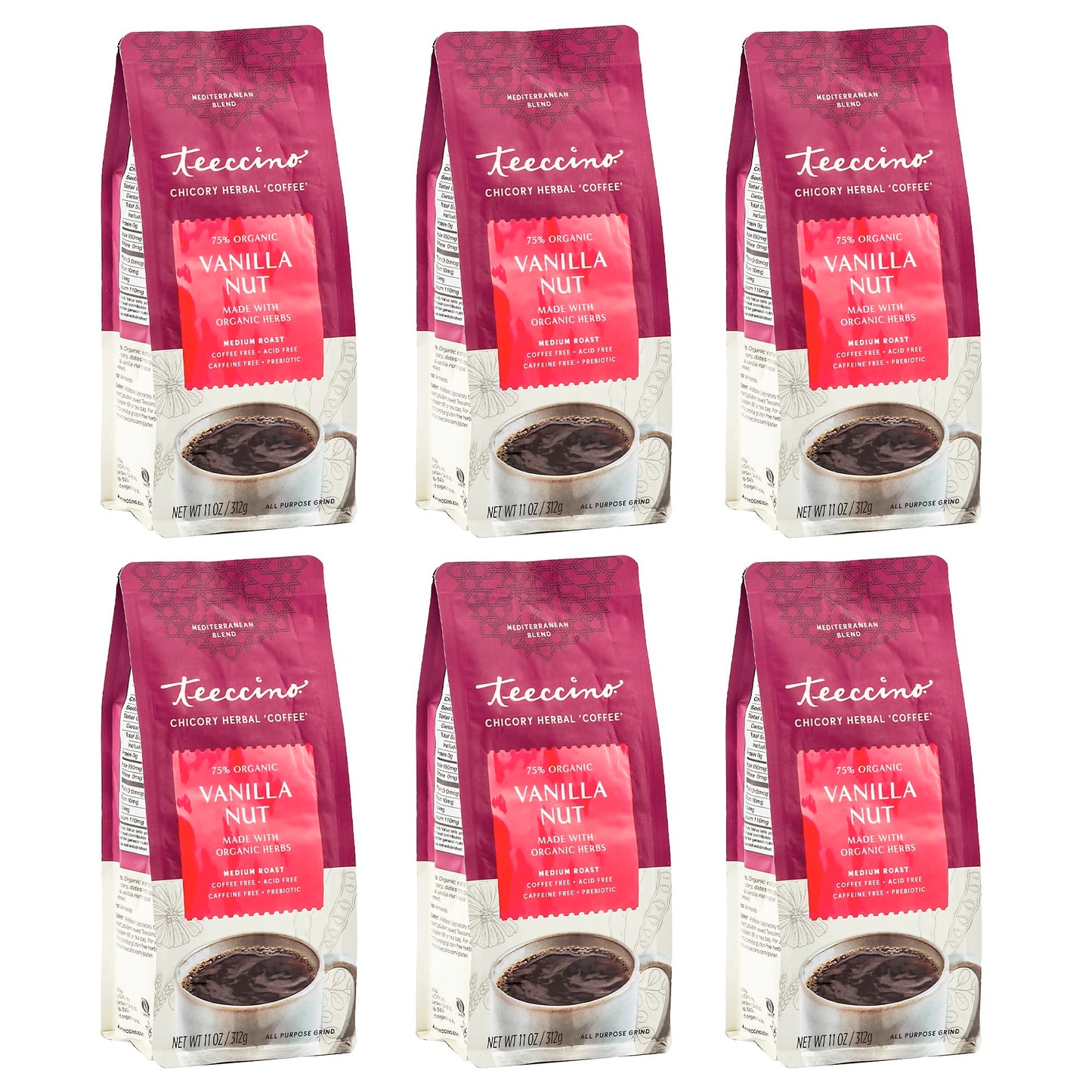 Teeccino Vanilla Nut Ground Herbal Coffee - Caffeine Free, Acid Free, Medium Roast, 11 Ounce (Pack of 6)