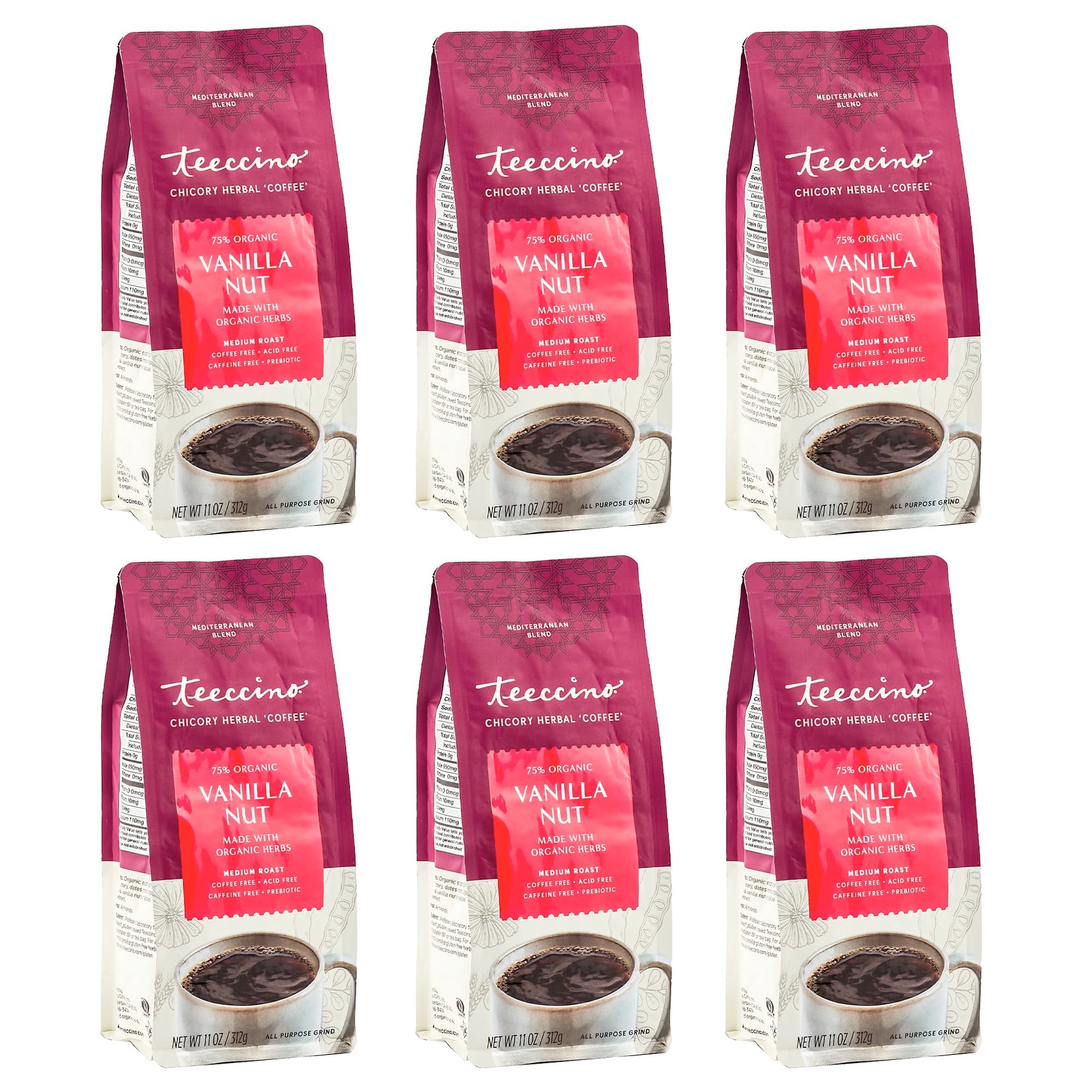 Teeccino Vanilla Nut Ground Herbal Coffee - Caffeine Free, Acid Free, Medium Roast, 11 Ounce (Pack of 6)