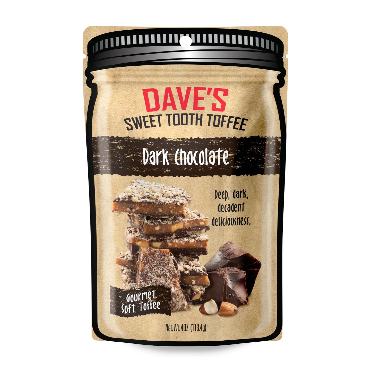 Daves Sweet Tooth Toffee - Dark Chocolate Toffee (4 oz) - Handmade & Homemade Gourmet Soft Toffee with Real Butter, Real Sugar 