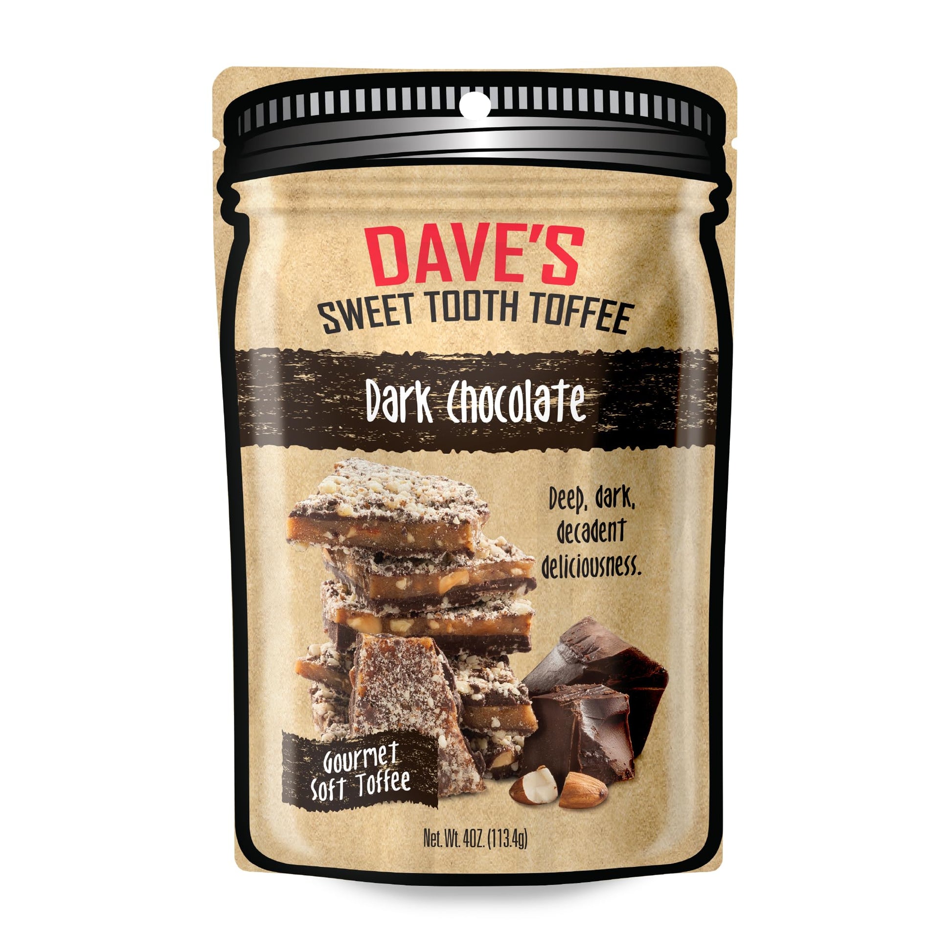 Daves Sweet Tooth Toffee - Dark Chocolate Toffee (4 oz) - Handmade & Homemade Gourmet Soft Toffee with Real Butter, Real Sugar 