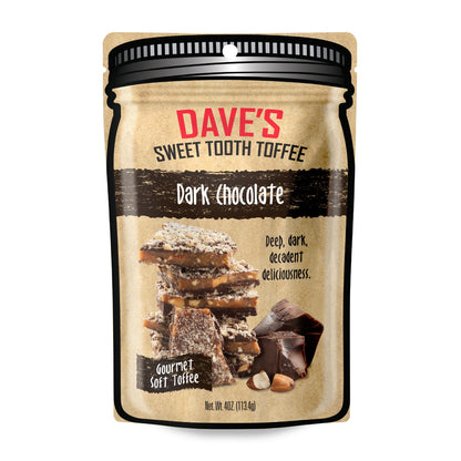 Daves Sweet Tooth Toffee - Dark Chocolate Toffee (4 oz) - Handmade & Homemade Gourmet Soft Toffee with Real Butter, Real Sugar 