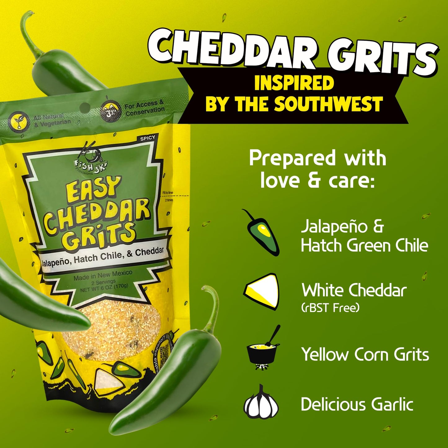 Jalapeno Yellow Corn Grits With Cheddar Cheese + Hatch Green Chile + Garlic, By Fishski Provisions, 6 Oz Bags, 24 Pack