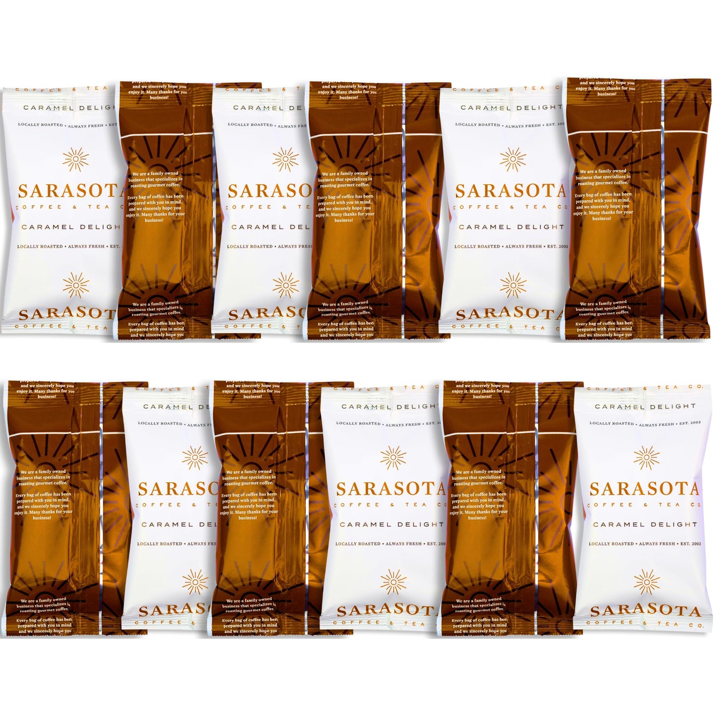 SARASOTA COFFEE & TEA CO. Gourmet Medium Roast Coffee Ground Packets, Salted Caramel, 2 Ounce Bags, Pack of 12