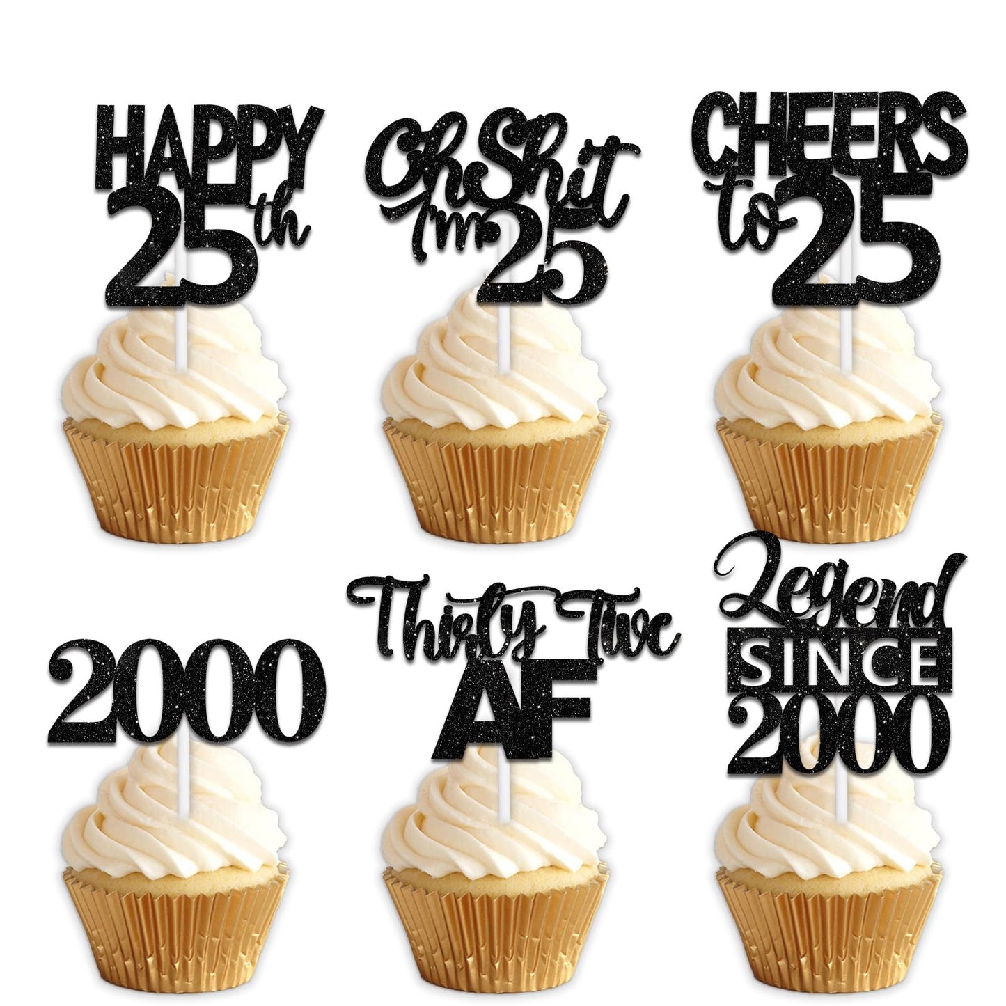 18pcs Black Glitter Happy 25th Dessert Cupcake Topper Pick for Funny Legend Since 2000 Theme Decor Supplies Men Women Happy 25 B