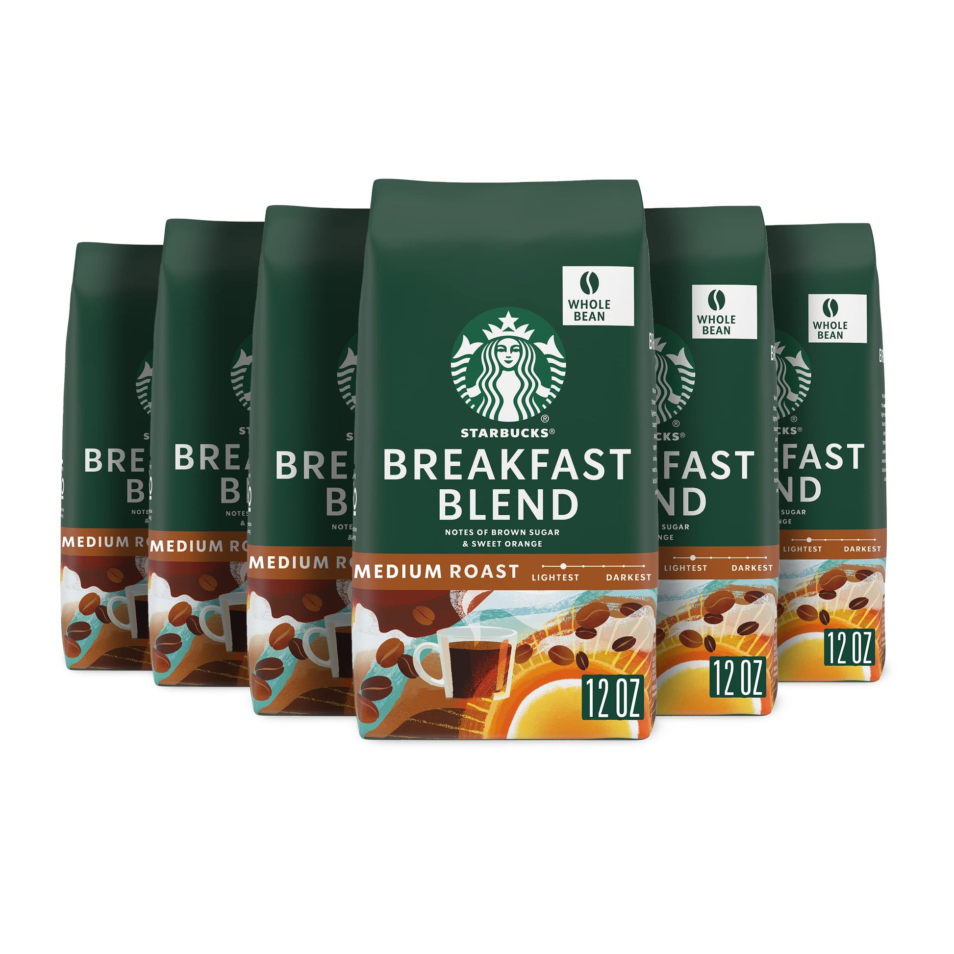 Starbucks Whole Bean Coffee, Medium Roast, Breakfast Blend, 6 Bags, 12 oz Each