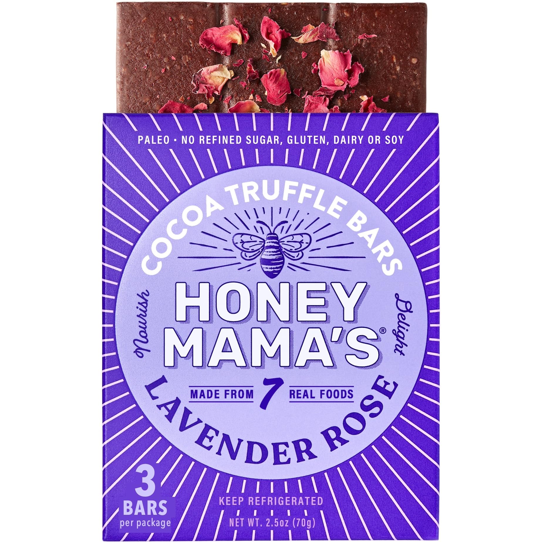 Honey Mamas Lavender Rose Cocoa Truffle Bars, No Refined Sugar, Gluten Free, Dairy Free, Paleo, 2.5 OZ, 3-Serving Bar