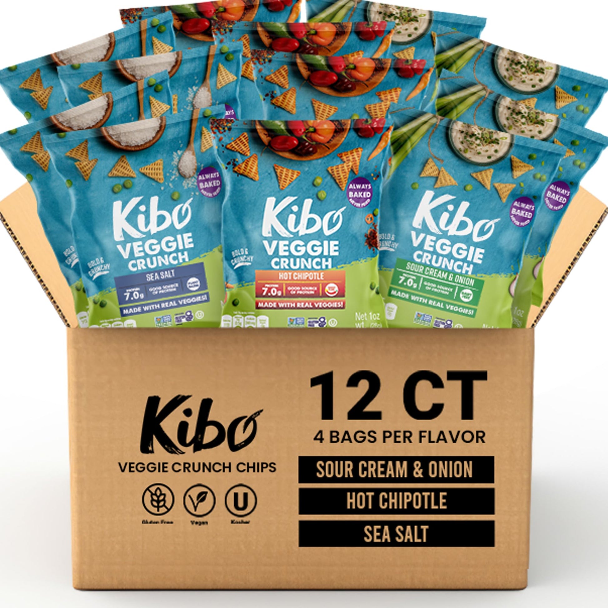 Kibo Veggie Chips Variety Pack - 7g Plant-Based Protein, Sea Salt, Hot Chipotle & Sour Cream & Onion - Gluten & Dairy-Free, Vega