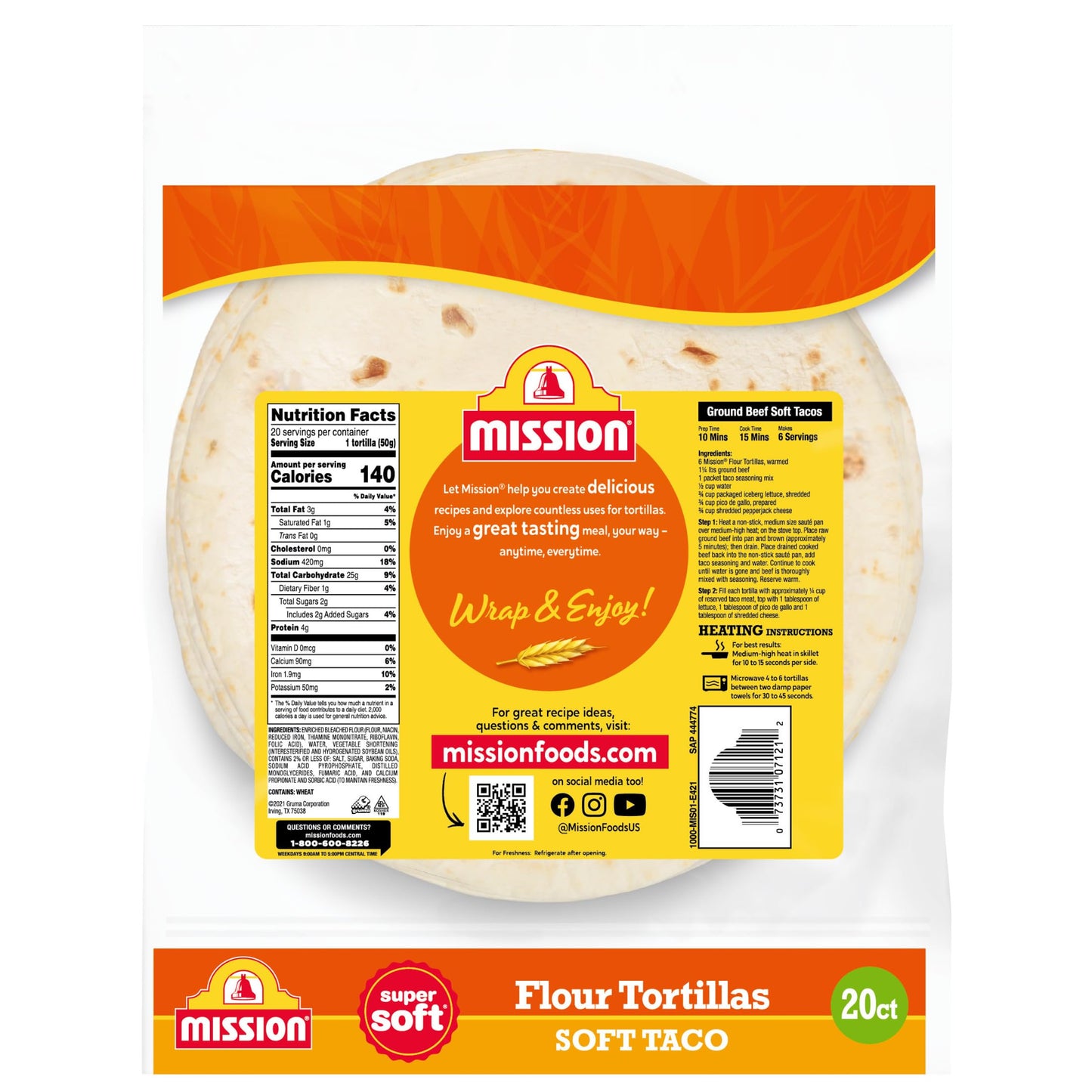 Mission Soft Taco Flour Tortillas, Small Size, 20 Count, Trans Fat Free