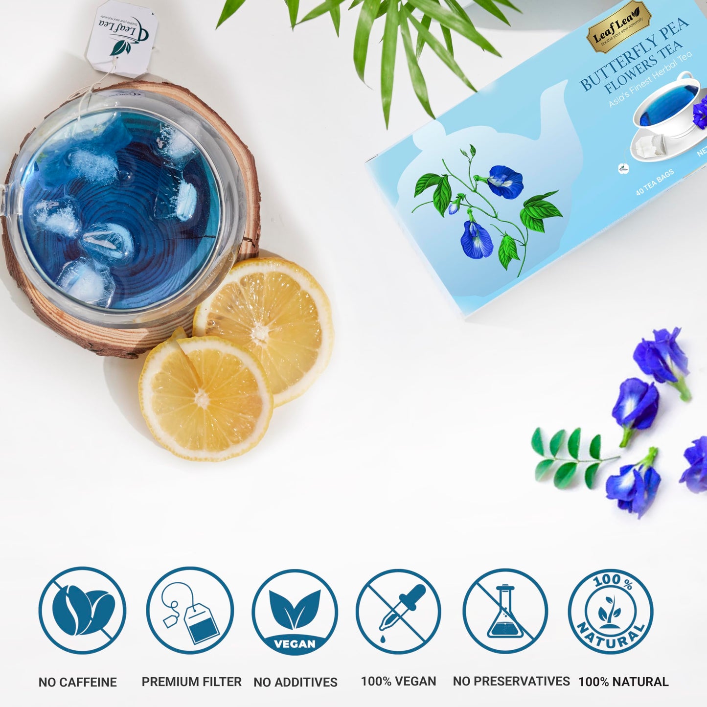 LeafLea Butterfly Pea Flower Tea Bags, Caffeine-Free Herbal Tea, 40 Count