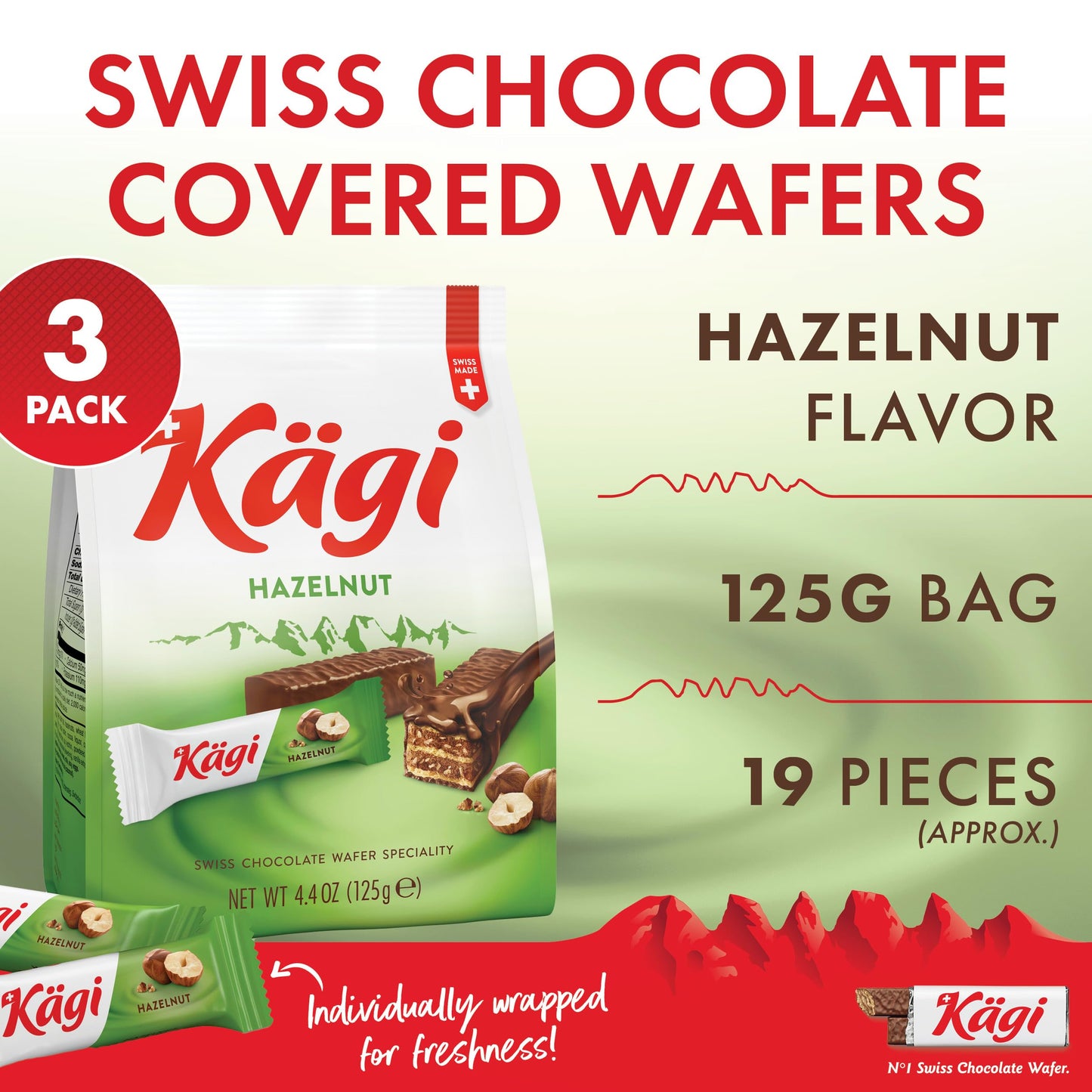 Kägi Swiss Milk Chocolate Mini Wafers with Hazelnut Cream, 3 Pack of 125g Bags