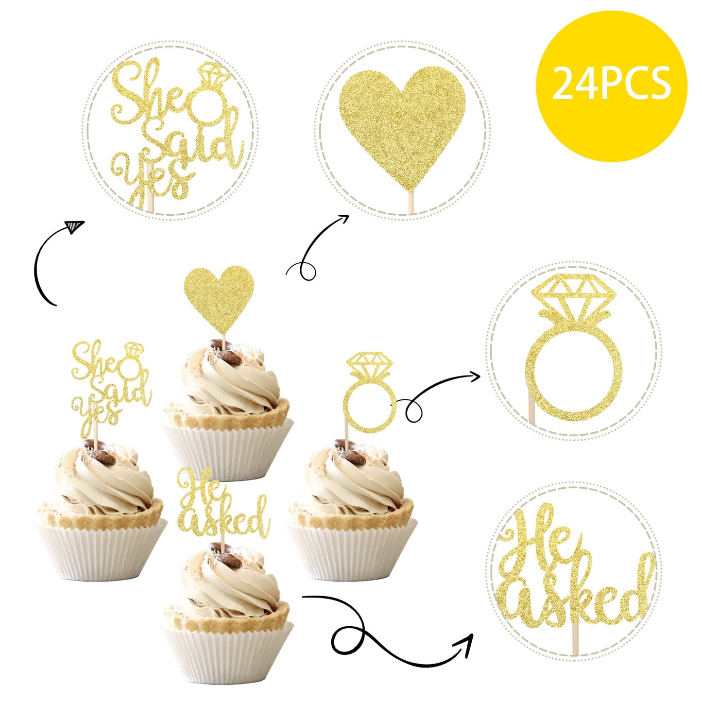 24 Pcs He Asked She Said Yes Cupcake Toppers With Glitter Heart Ring Bachelorette Cupcake Picks Wedding Engagement Bridal Shower