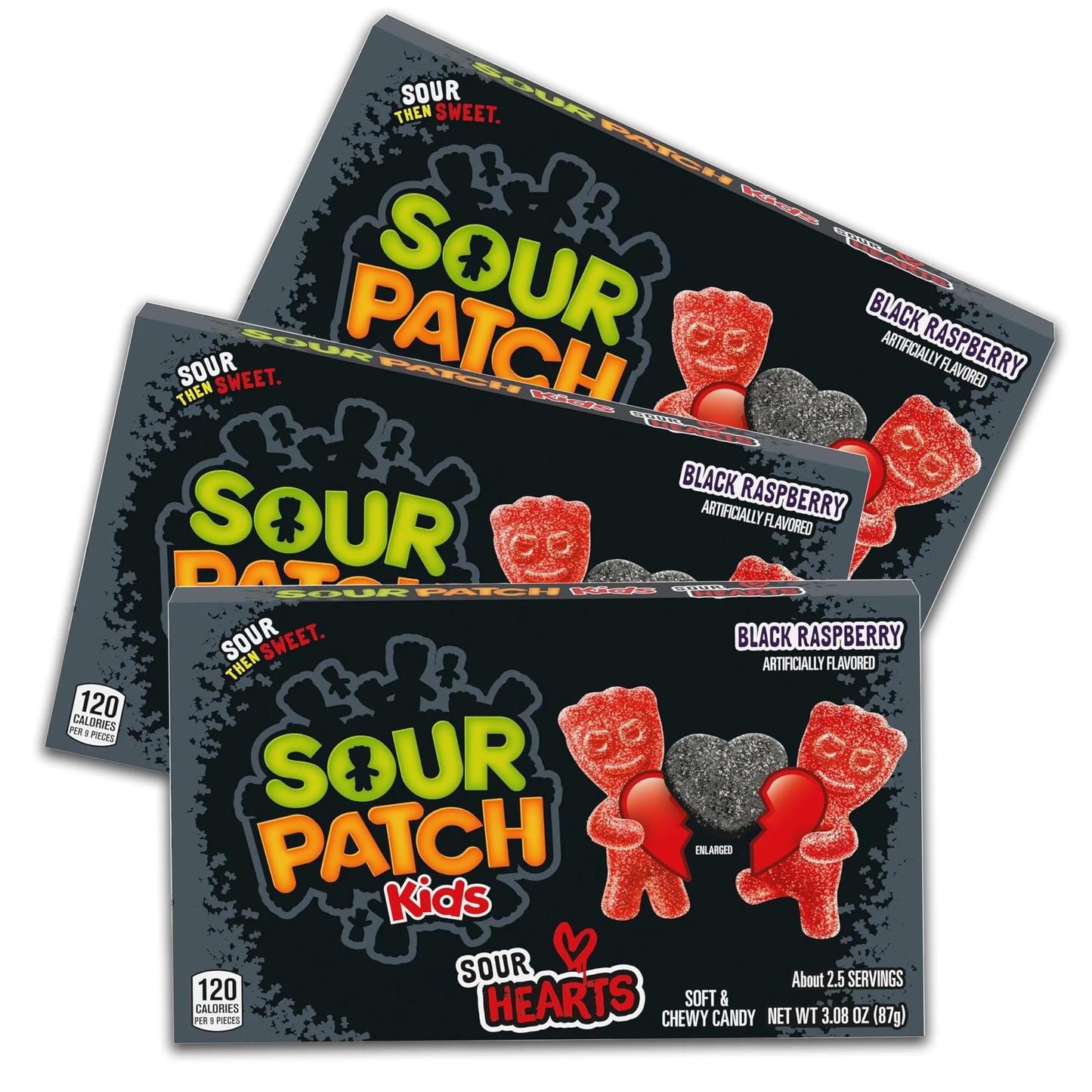 Sour Patch Kids Sour Hearts - Black Raspberry - Valentine's Day Sweet and Sour Candy - Theater Box - Pack of 3-3.08oz Boxes