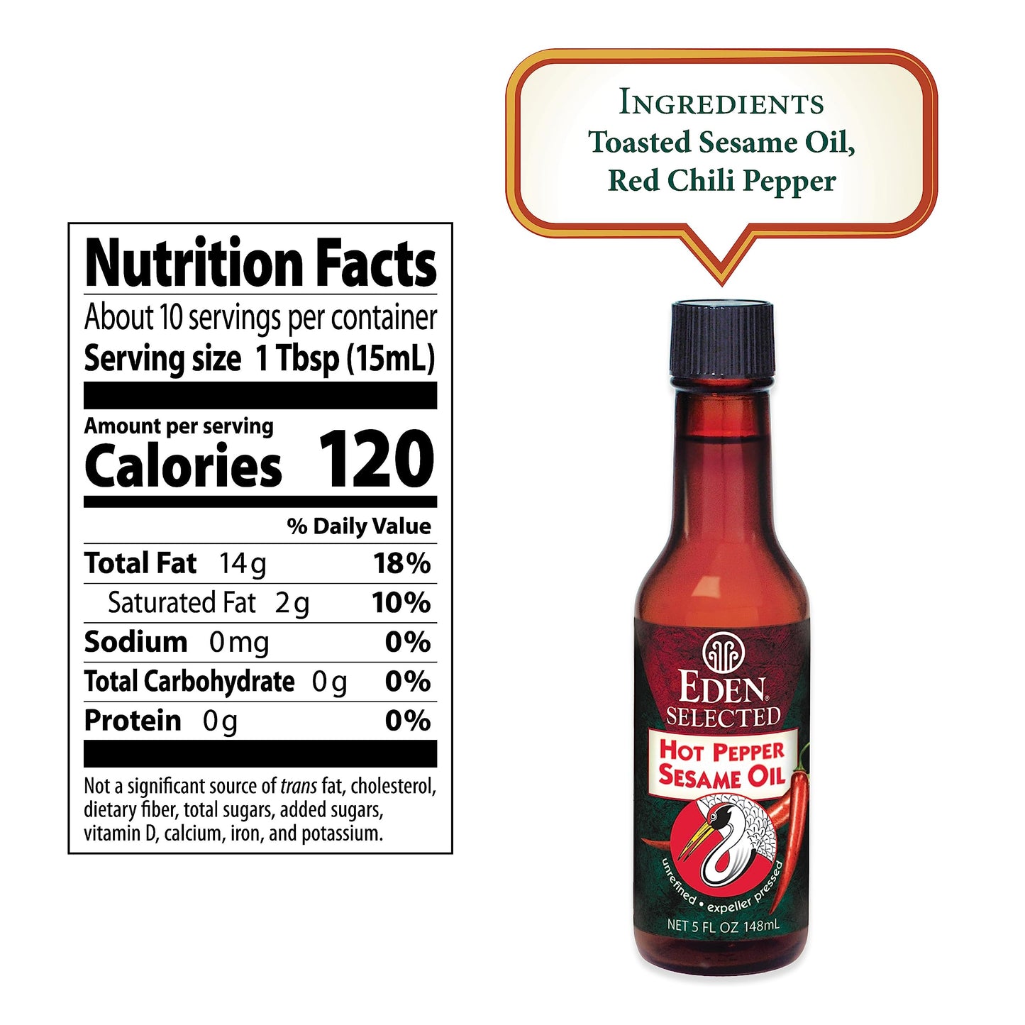 Eden Hot Pepper Toasted Sesame Chili Oil, Unrefined Expeller Pressed, 5 Oz Amber Glass Bottle