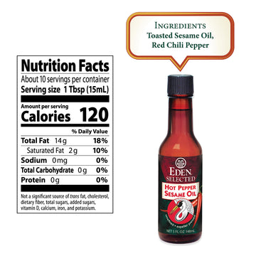 Eden Hot Pepper Toasted Sesame Chili Oil, Unrefined Expeller Pressed, 5 Oz Amber Glass Bottle