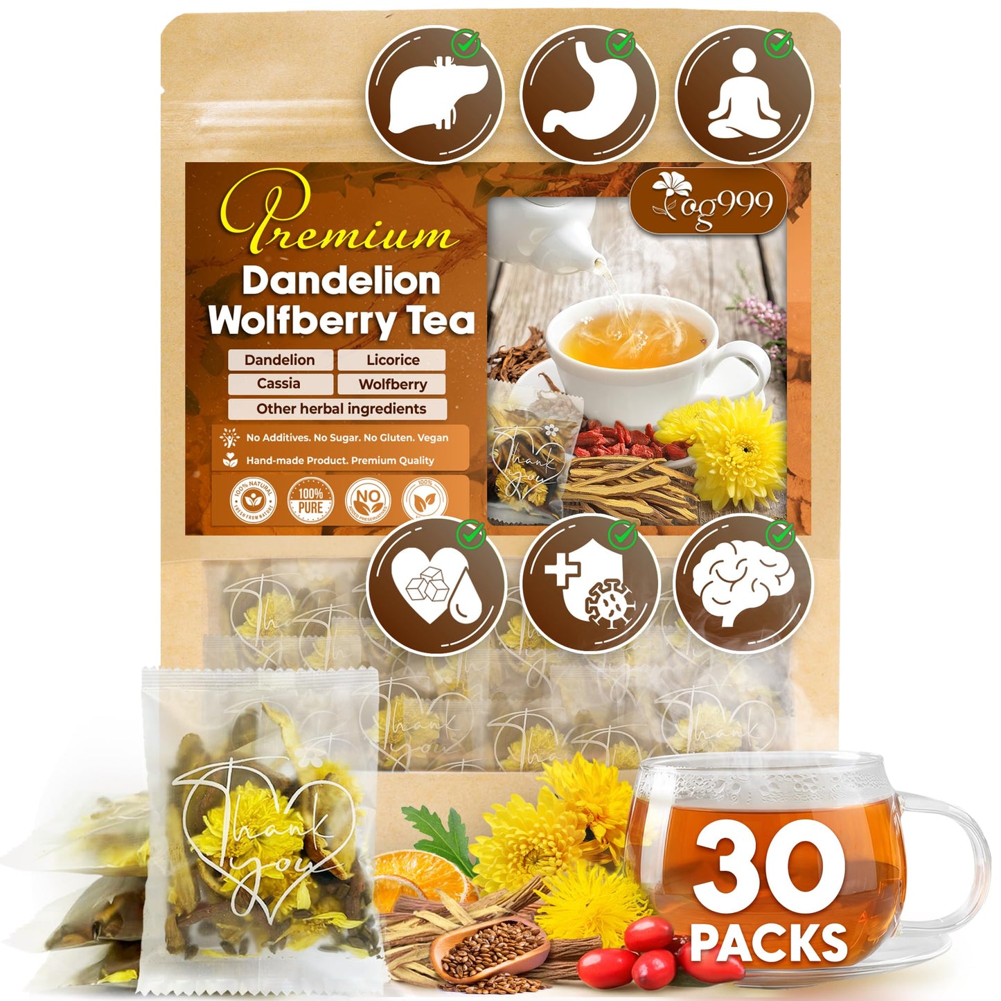 TOG999 Organic Dandelion Wolfberry Tea, 9 Herbal Ingredients, 30 Bags