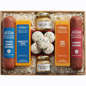 The Wisconsin Cheeseman 7-Piece Pairing Assortment - Summer Sausage Meats and Cheeses Gift Basket with Mustards and Bon Bon Cook