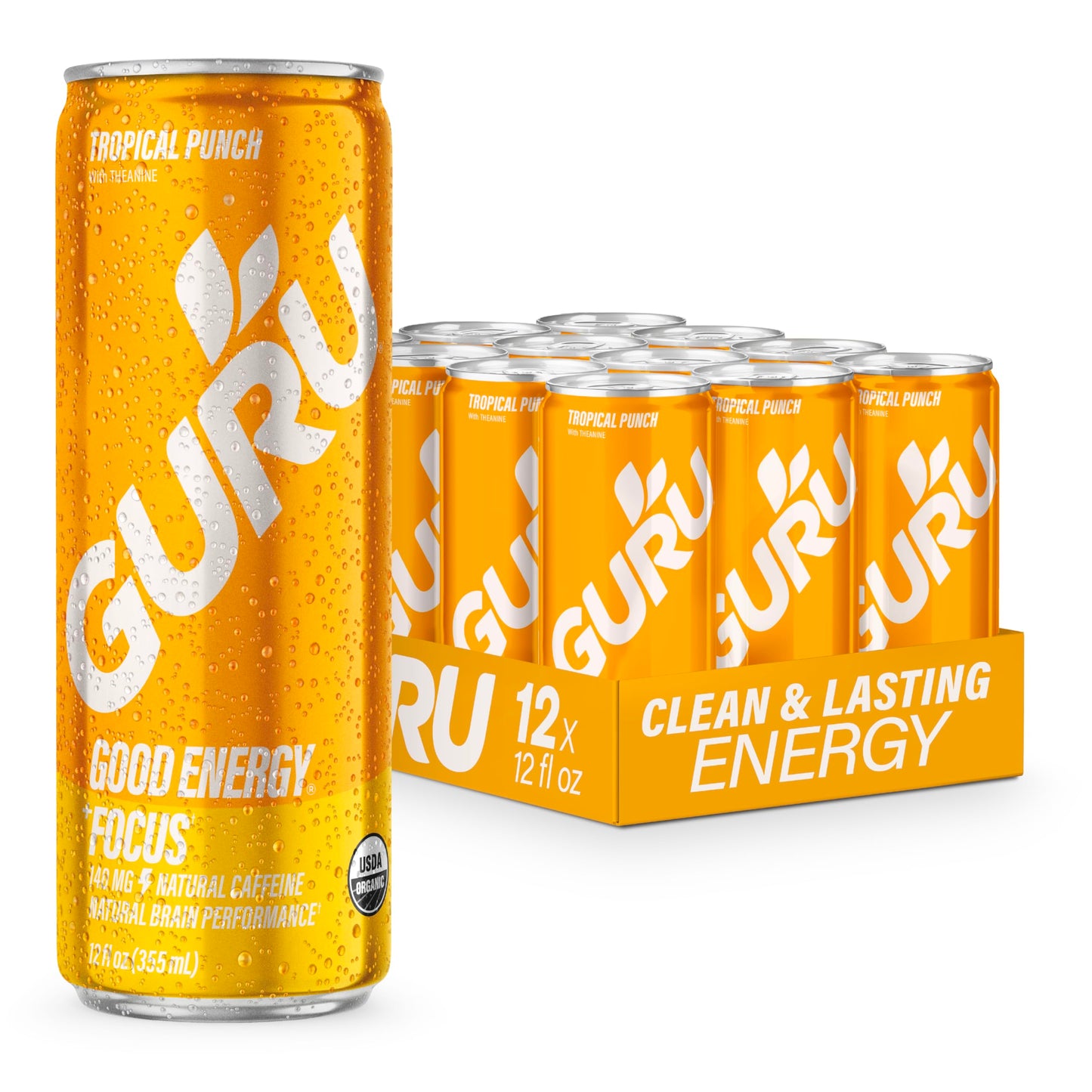 GURU Tropical Punch Organic Energy Drink, Plant-Based Caffeine, 12 Fl Oz, Pack of 12