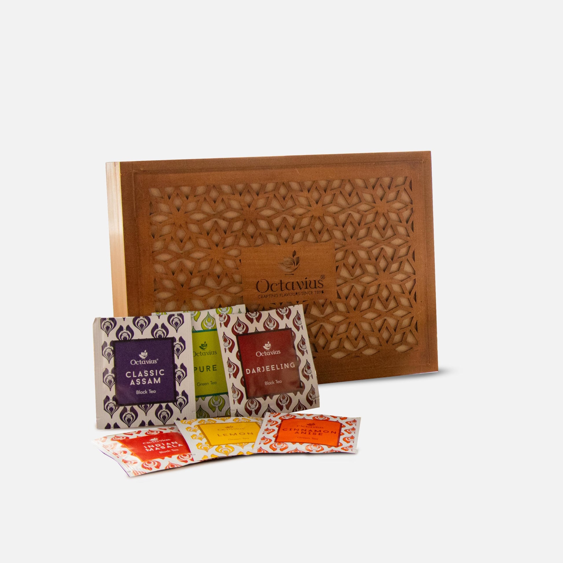 Octavius Floral Cutwork Wooden Tea Sampler Box | Tea Variety Pack Sampler | Green & Black Tea Assortment Gift Box | Perfect For Gifting & Personal Consumption - 6 Flavor & 90 Bags