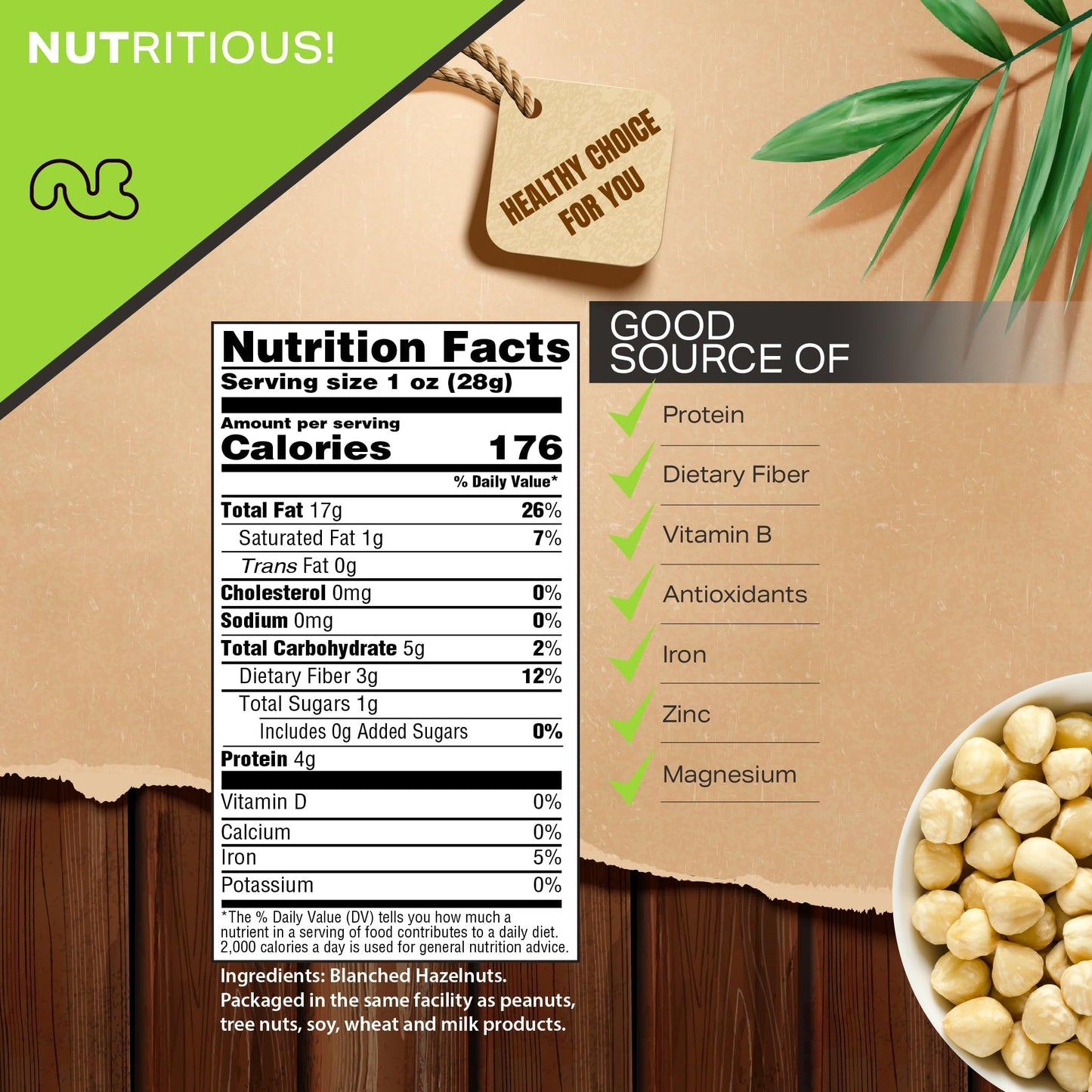 NUT CRAVINGS - Raw Blanched Hazelnuts Filberts - Unsalted, Shelled, (16oz - 1 LB) Bulk Nuts Packed Fresh in Resealable Bag - Kos